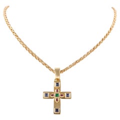 Vintage Cartier Sapphire Ruby Emerald Cross Pendant Necklace