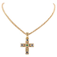 Cartier Sapphire Ruby Emerald Cross Pendant Necklace