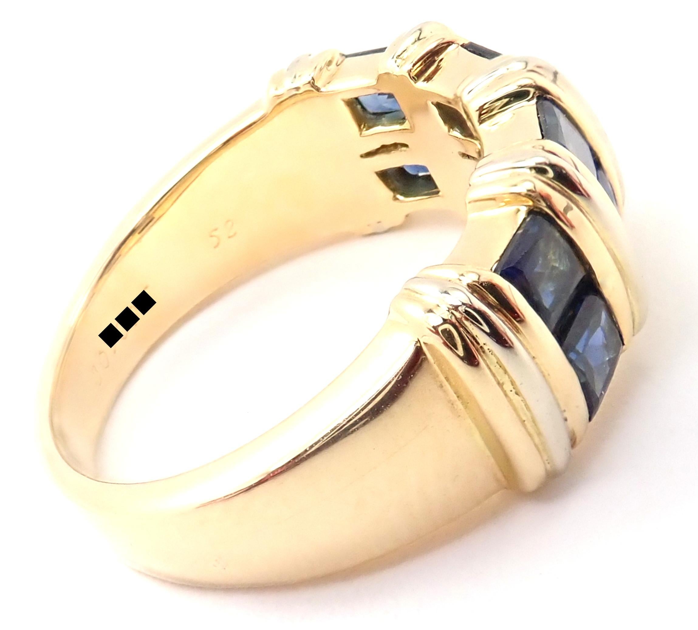 18k Yellow Gold Sapphire Band Ring by Cartier.
With 8 sapphires total weight approximately 1.20ct
Details:
Ring Size:  European 52 US 6
Width: 8mm
Weight: 8.7 grams
Stamped Hallmarks: 750 Cartier 52 30XXXX(serial number omitted)
*Free Shipping