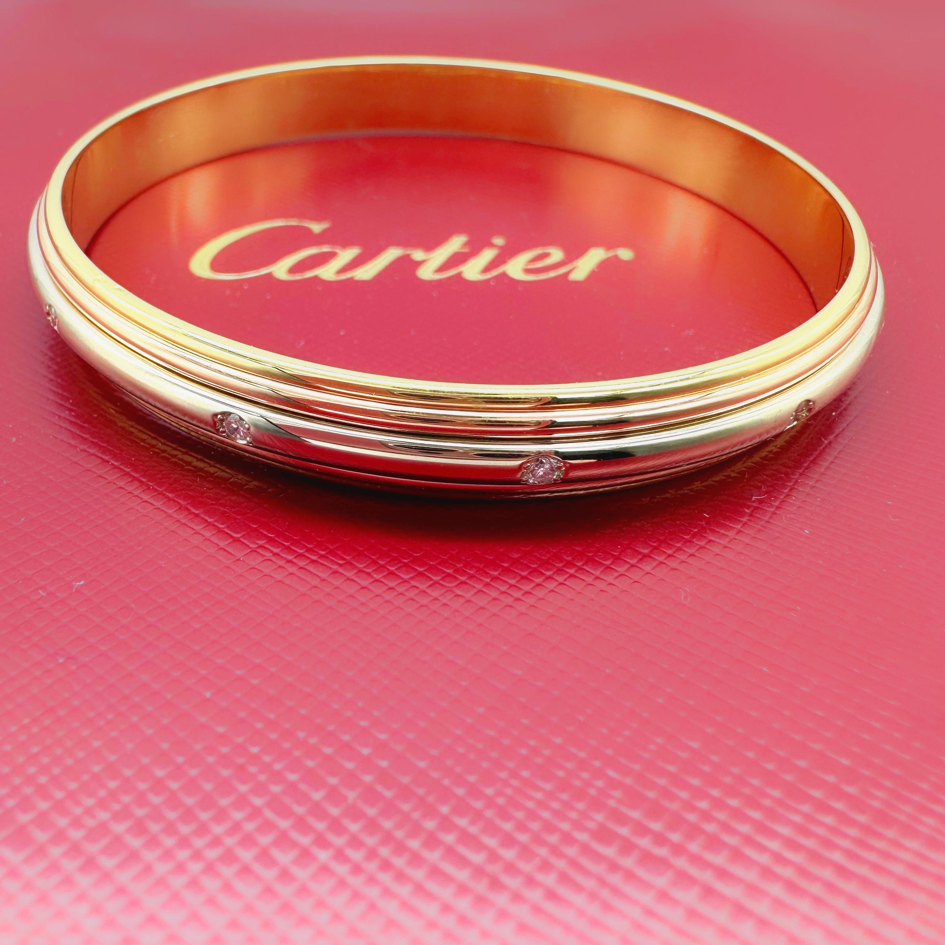 Cartier Saturne Multi-Tone 18kt Yellow White Rose Gold Diamond Bangle Bracelet For Sale 4