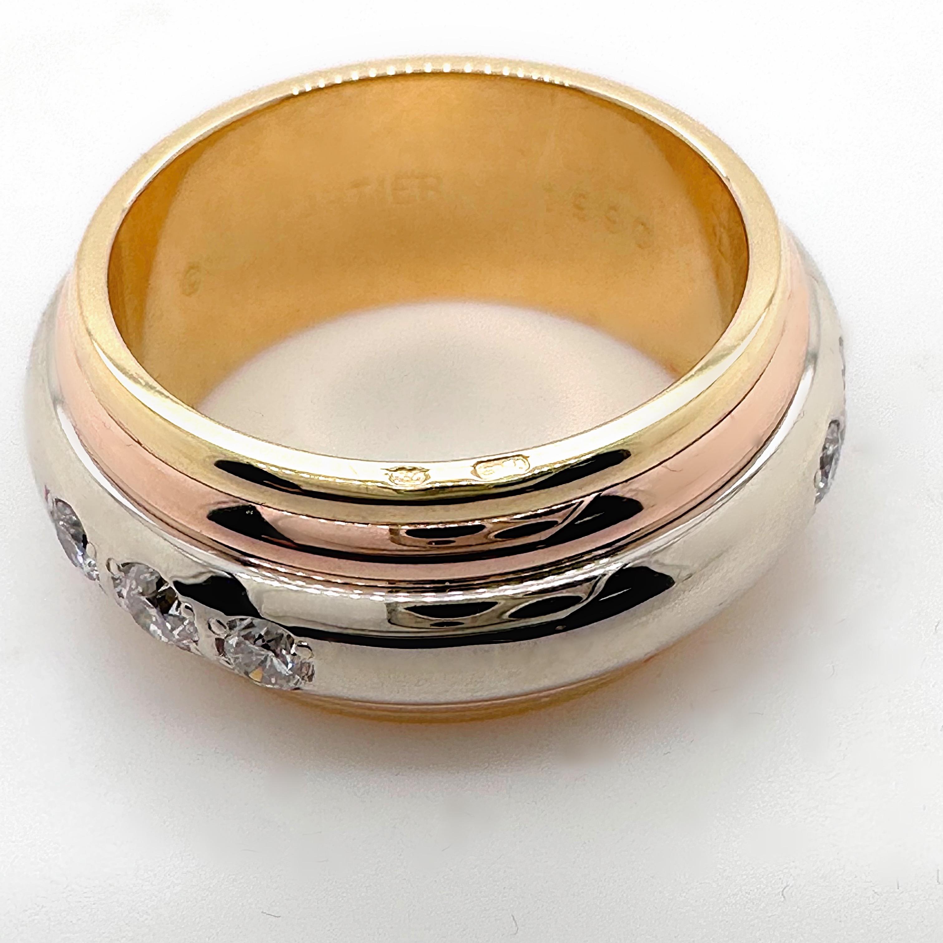 Cartier Saturne Multi-Tone 18 Karat Yellow White Rose Gold Diamond Ring For Sale 7