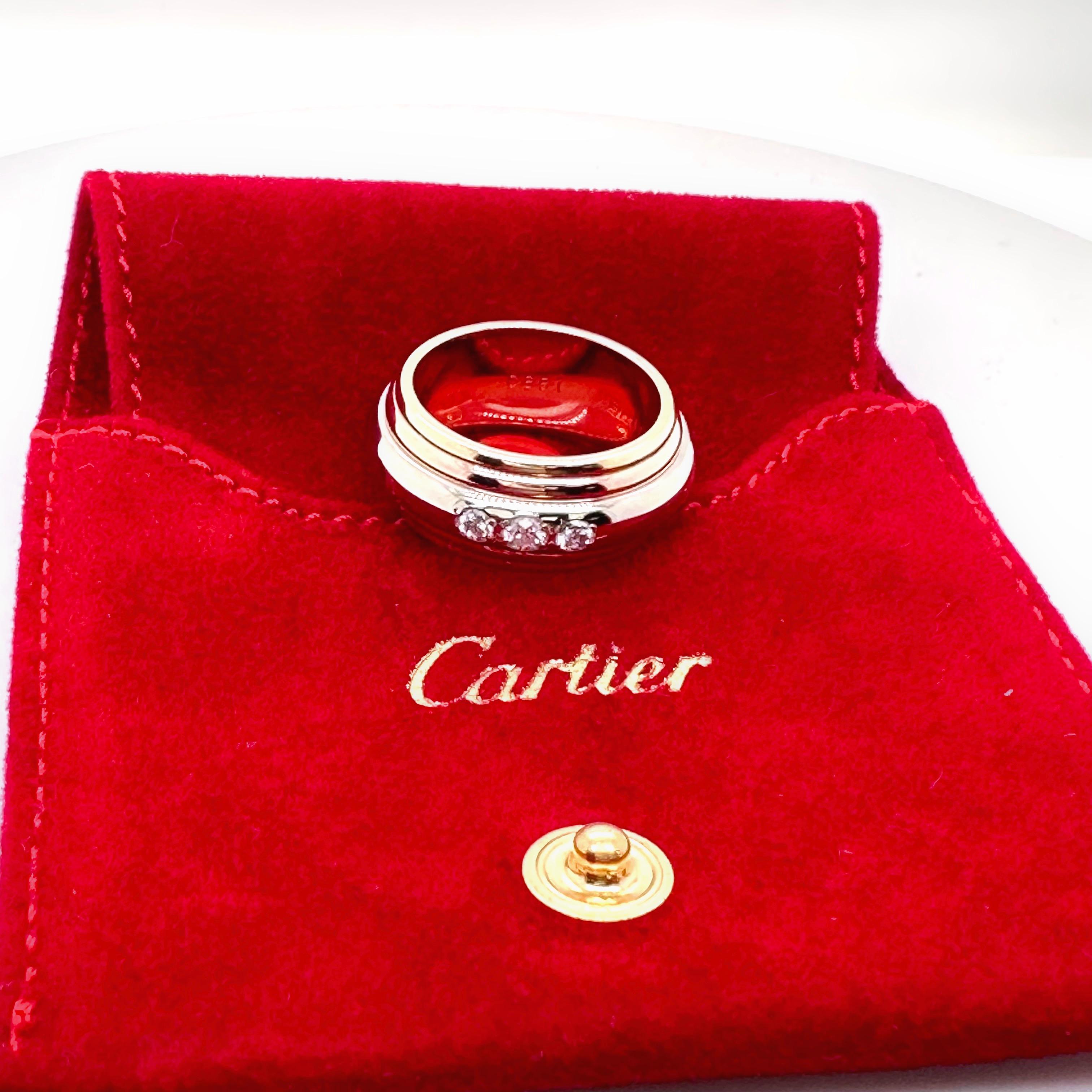 Cartier Saturne Collection Multi-Tone Gold Diamond Band Ring
Style:  Band
Ref. number:   B46468
Metal:   Multi-Toned 18kt White Yellow Rose Gold
Size:  6.5 / 52, 10 mm Width
Hallmark:   Cartier 750 986619 52 © CARTIER 1990
Includes:   Cartier Ring