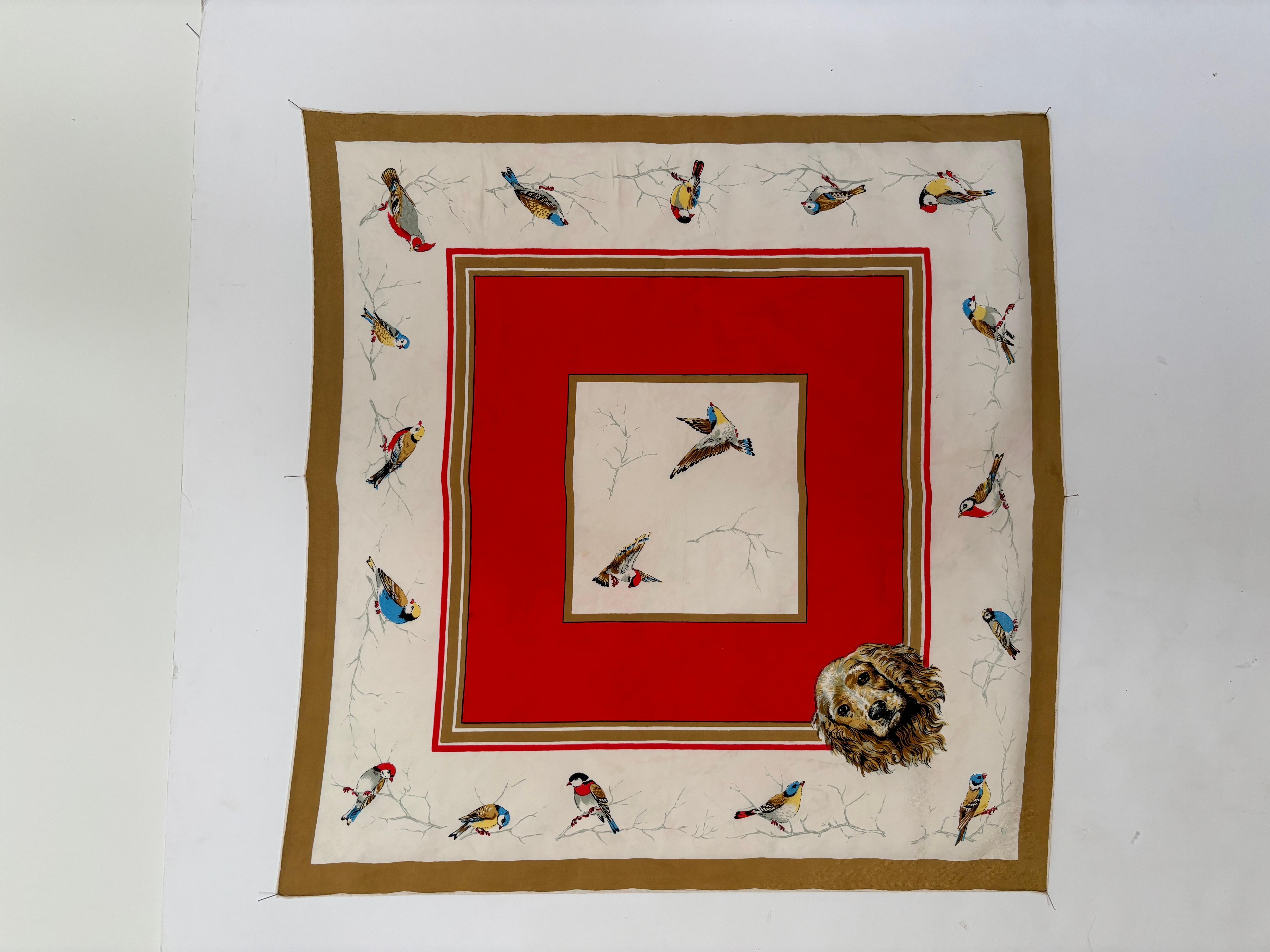 Britischer Seidenschal mit Jagdszenen-Motiv aus der britischen Vintage-Zeit mitcker- und Vogelmotiv im Angebot 11