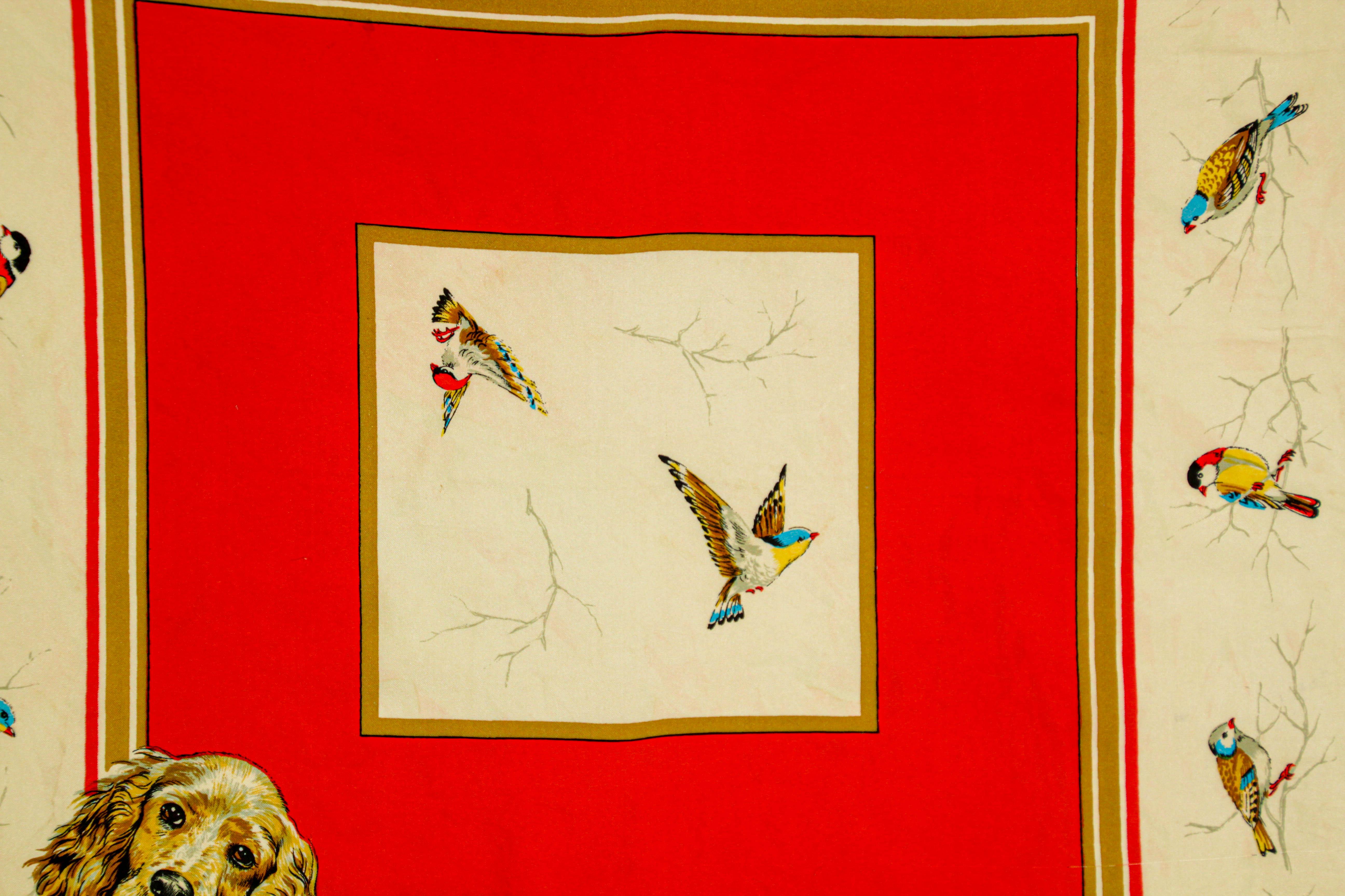 Britischer Seidenschal mit Jagdszenen-Motiv aus der britischen Vintage-Zeit mitcker- und Vogelmotiv Damen im Angebot