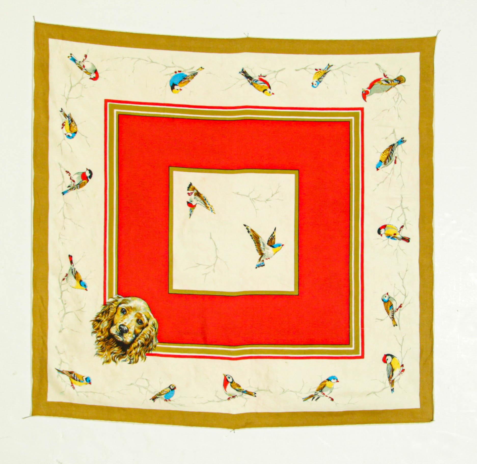 Britischer Seidenschal mit Jagdszenen-Motiv aus der britischen Vintage-Zeit mitcker- und Vogelmotiv im Angebot 4