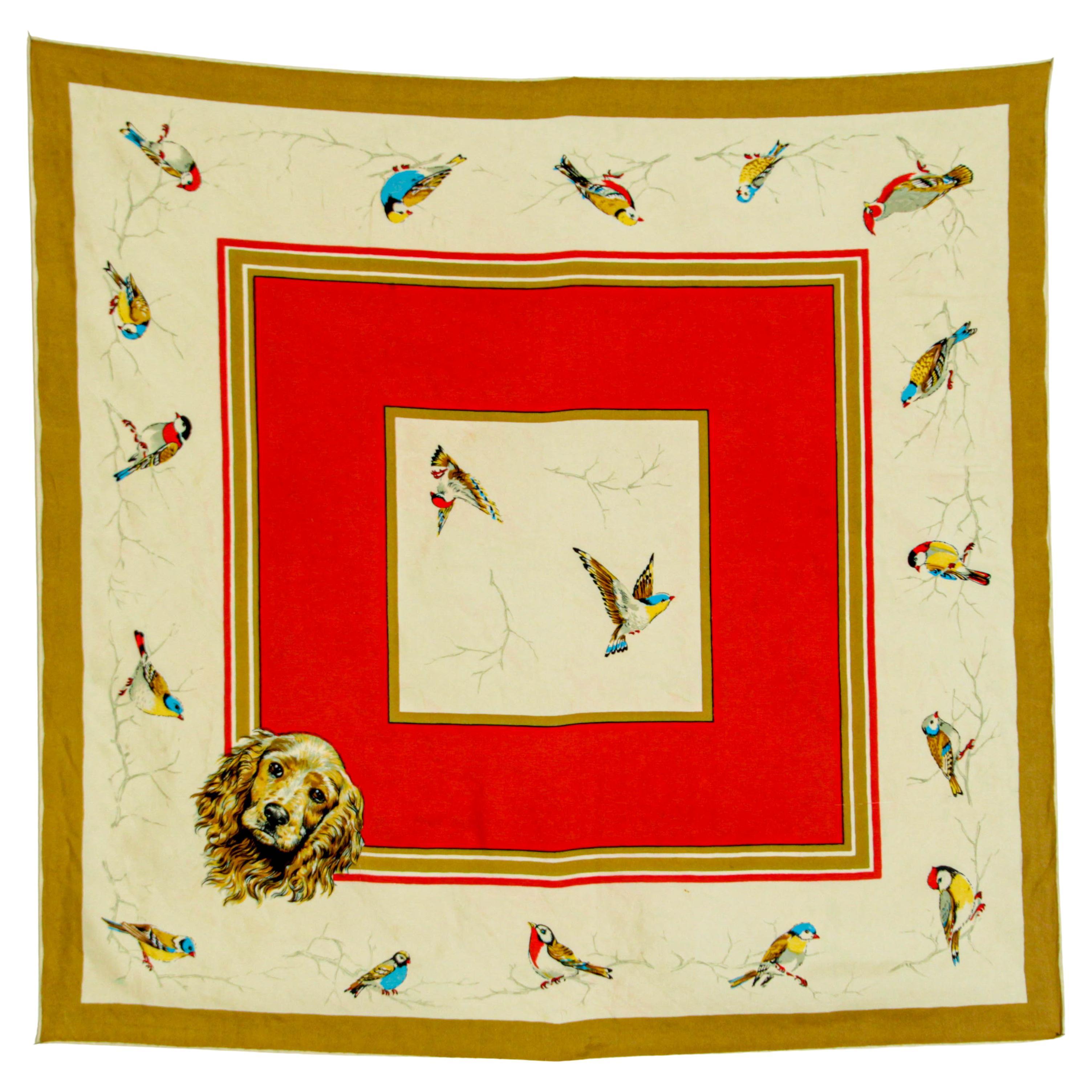 Britischer Seidenschal mit Jagdszenen-Motiv aus der britischen Vintage-Zeit mitcker- und Vogelmotiv im Angebot