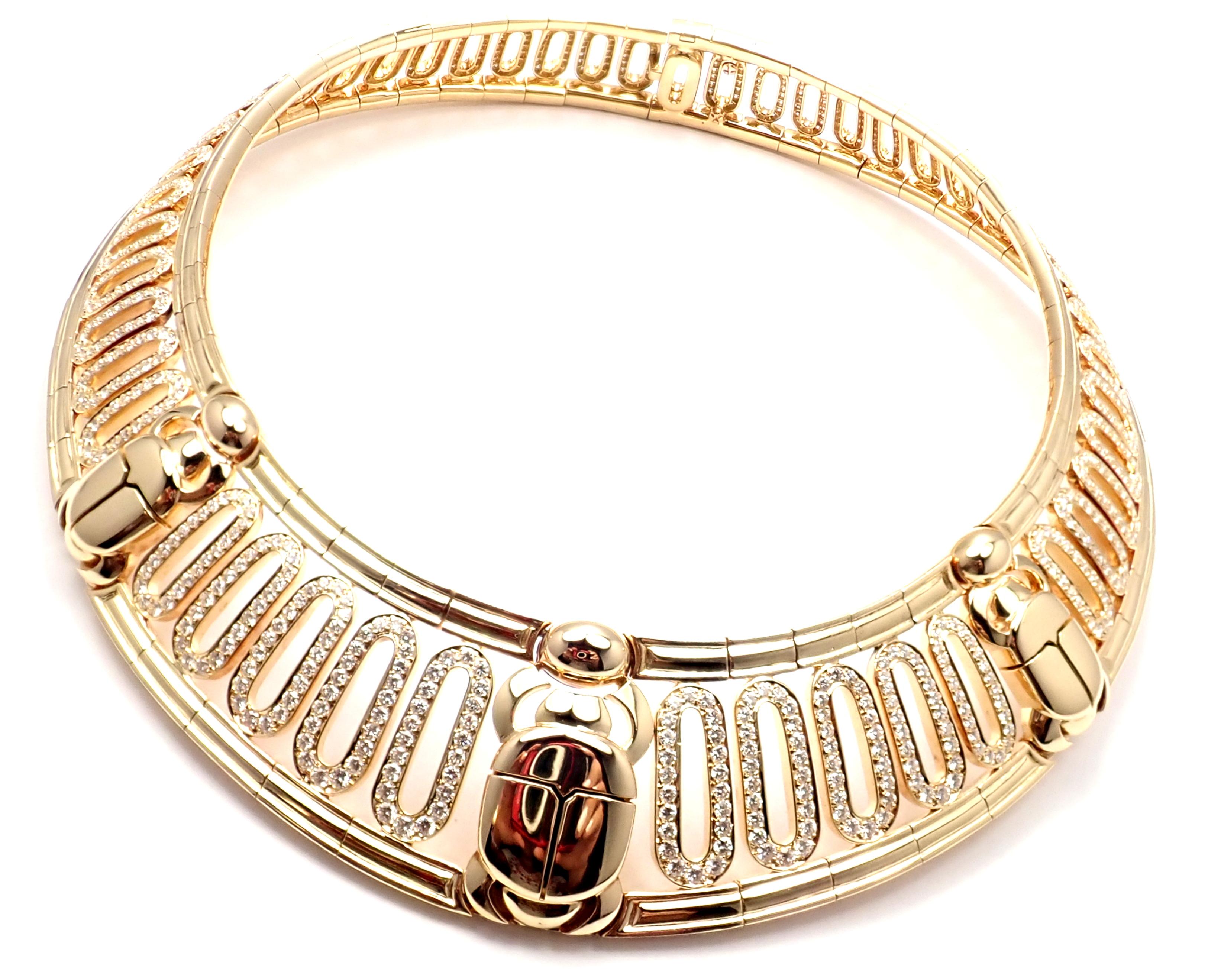 Gorgeous 18k Yellow Gold Scarab Collar Choker Necklace by Cartier. 
With 916 round brilliant cut diamonds VVS1 clarity, E color total weight approx. 20.72ct
This necklace comes with an original Cartier box. 
Details: 
Length: 14.5
