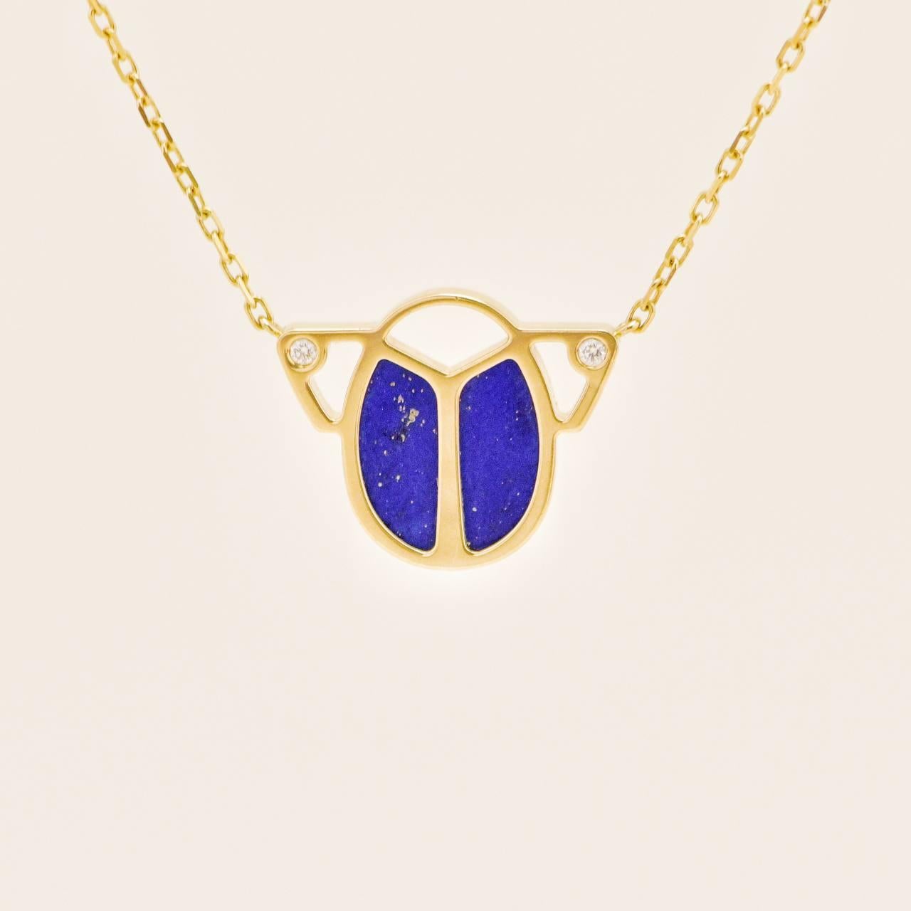 Collier pendentif en or jaune 18 carats Scarabée diamant Lapis Lazuli en vente 4