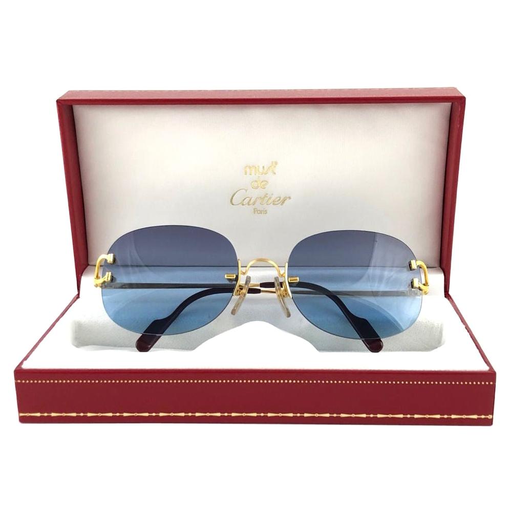 Cartier Serrano Rimless Gold Special Edition Blue Gradient France Sunglasses For Sale