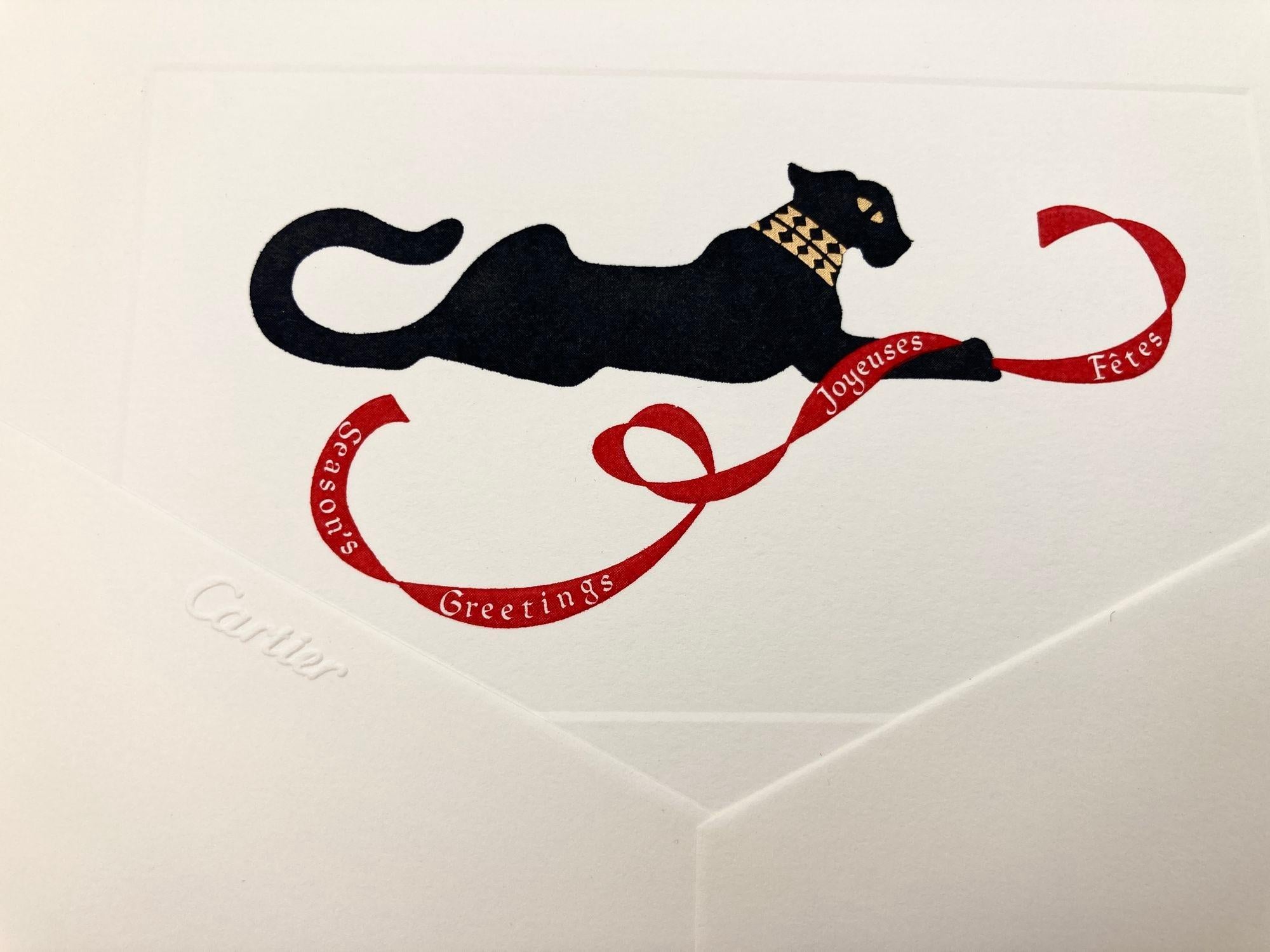 Luxuriöses Cartier-Set mit 10 Karten und Umschlägen mit dem ikonischen Cartier-Panther-Schmuckdesign.
Große Cartier Panthere Season's Greetings, Joyeuses Fetes Briefpapierkarten.
Authentische, luxuriöse Cartier-Briefpapierkarten und -Umschläge mit