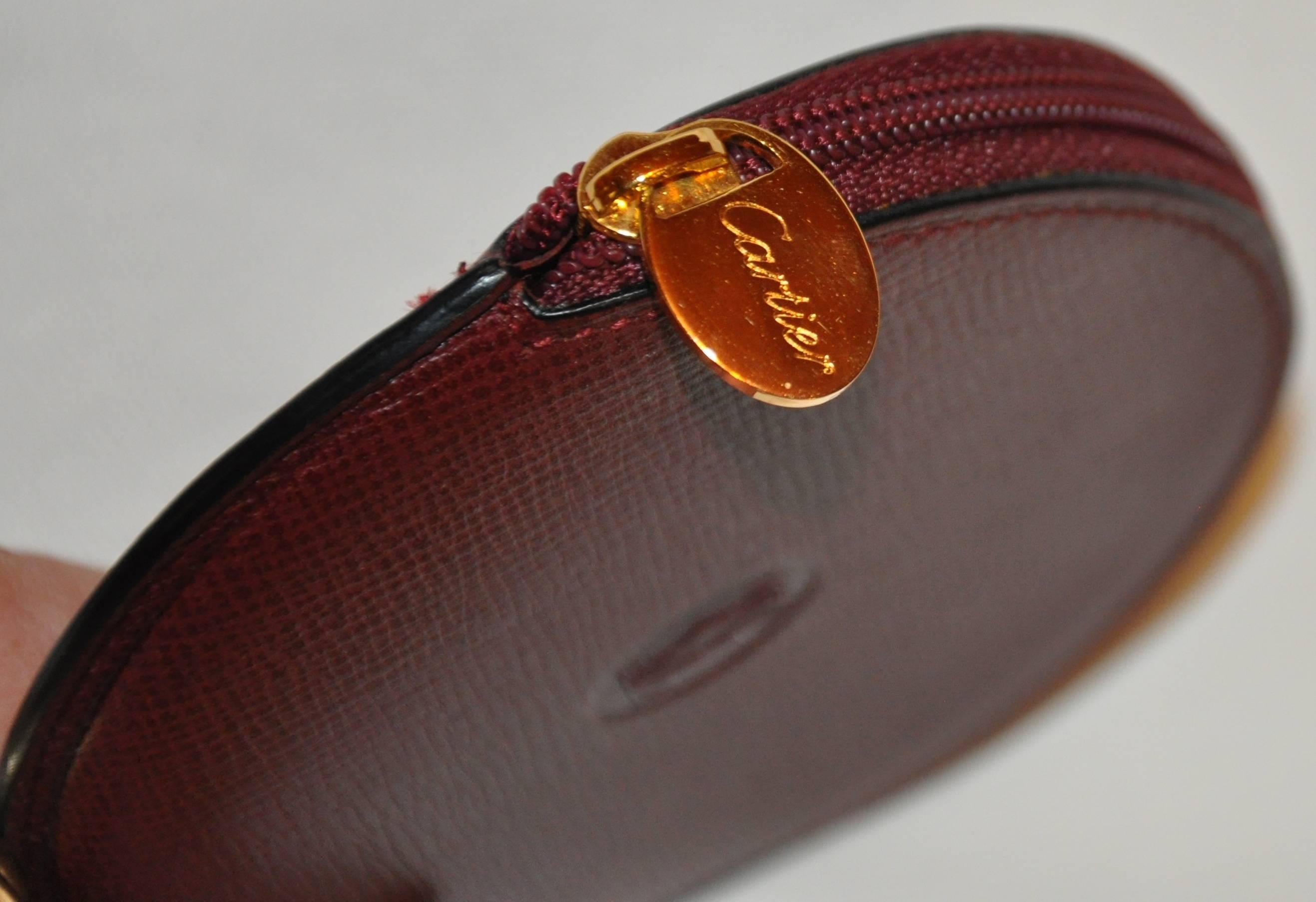 Brown Cartier Signature Embossed Burgundy Textured Calfskin Zippered Change Purse 