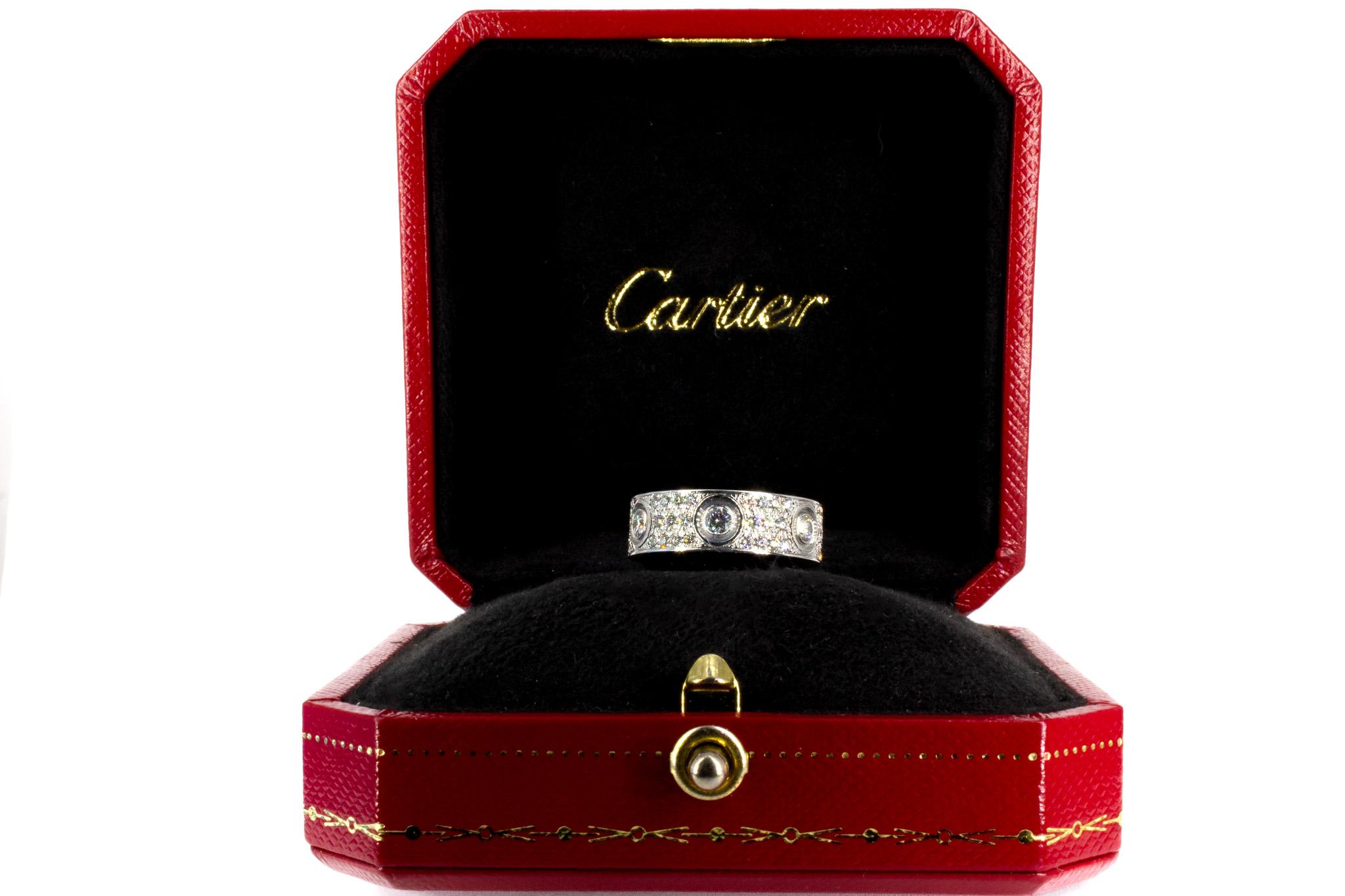 Contemporary Cartier Signed 18K White Gold Classic Model Pave Diamond Love Ring For Sale