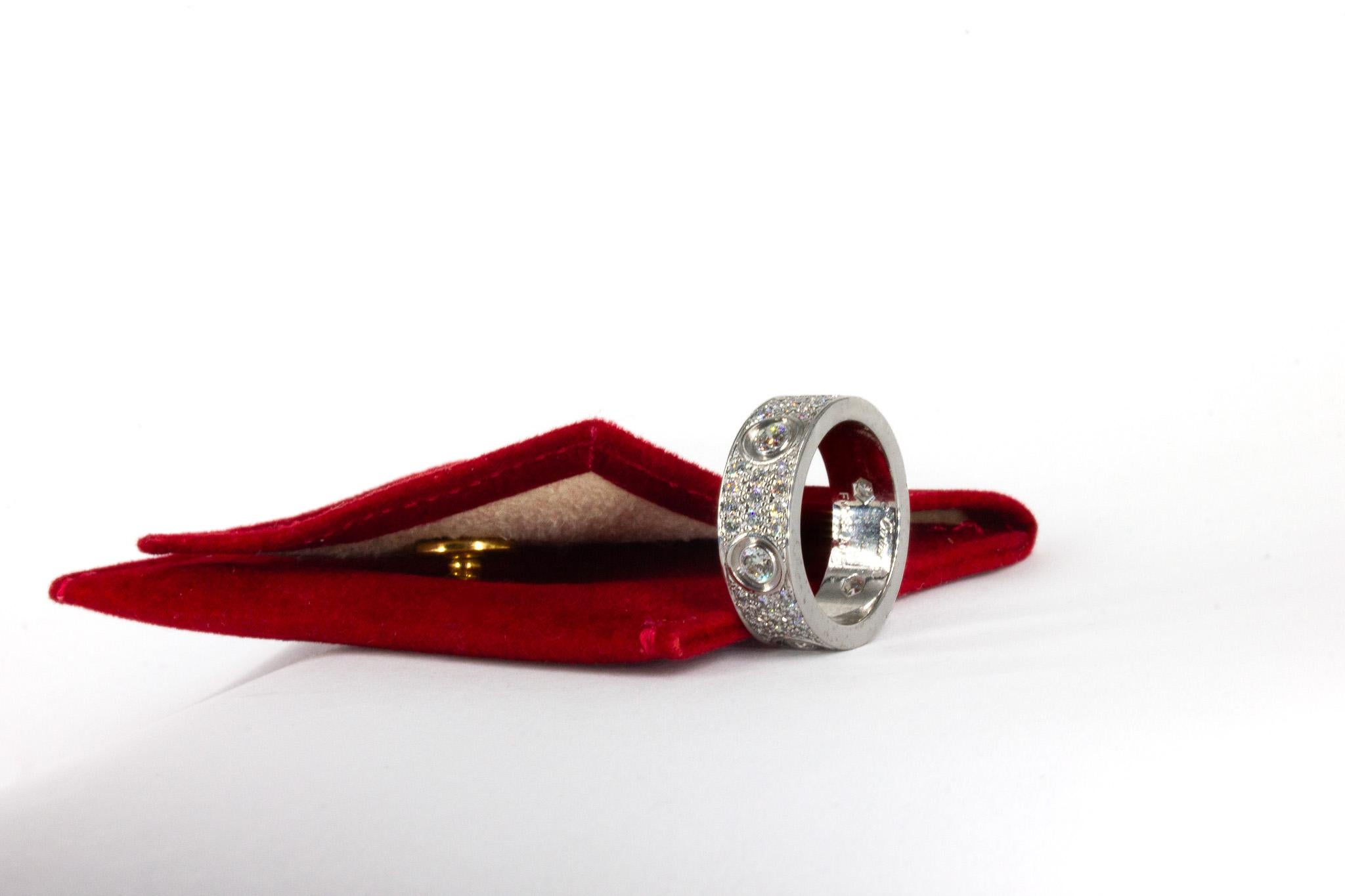 Round Cut Cartier Signed 18K White Gold Classic Model Pave Diamond Love Ring For Sale
