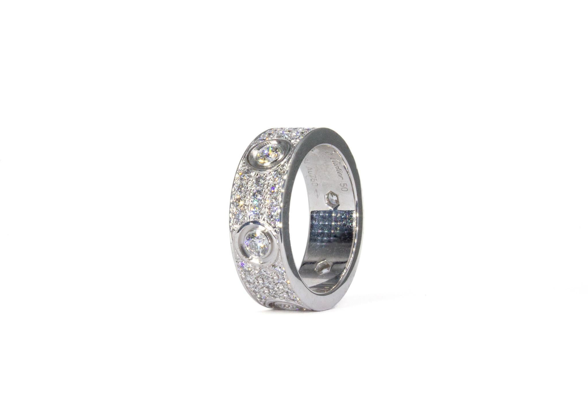 Cartier Signed 18K White Gold Classic Model Pave Diamond Love Ring In New Condition For Sale In New York, NY