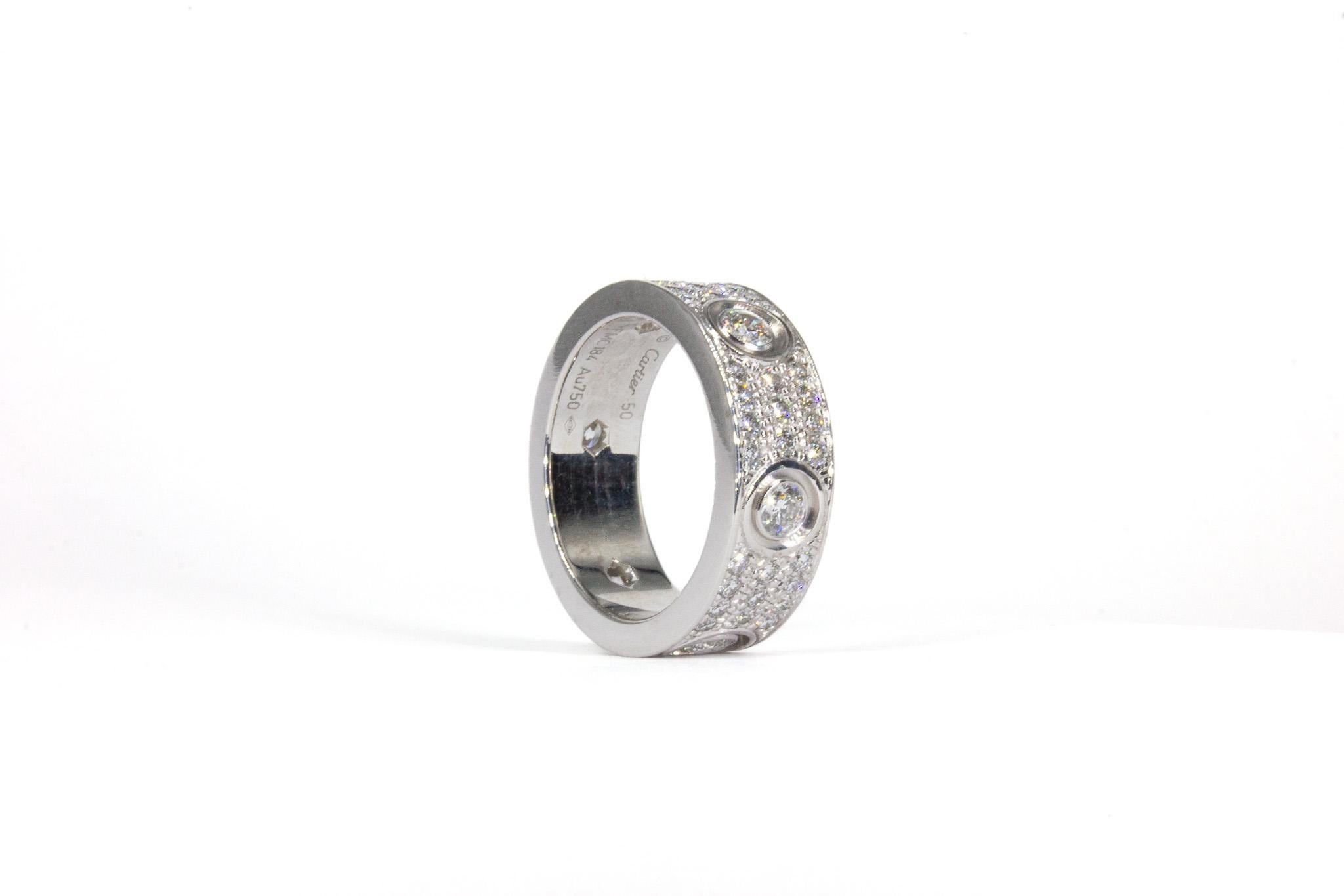 Women's or Men's Cartier Signed 18K White Gold Classic Model Pave Diamond Love Ring For Sale