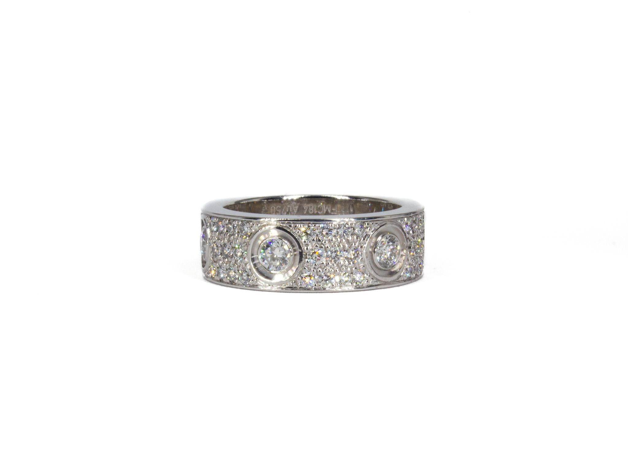 Cartier Signed 18K White Gold Classic Model Pave Diamond Love Ring For Sale 1