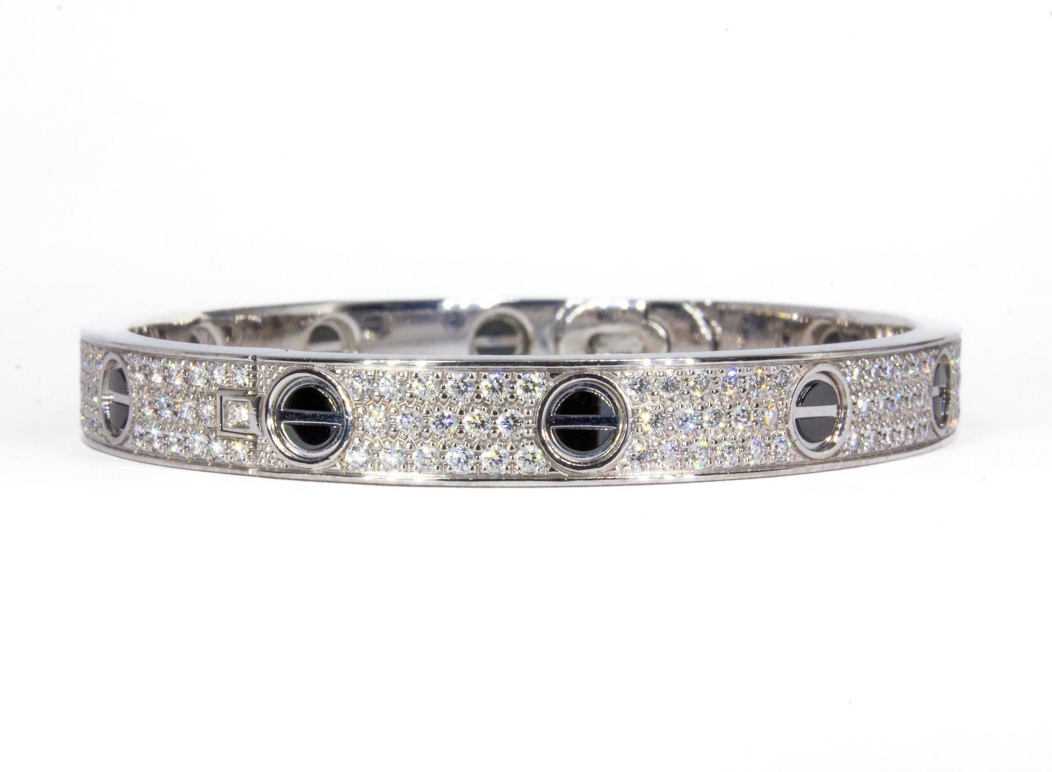 Contemporary Cartier Signed 18K White Gold Diamond and Ceramic Love Bracelet, Classic Model