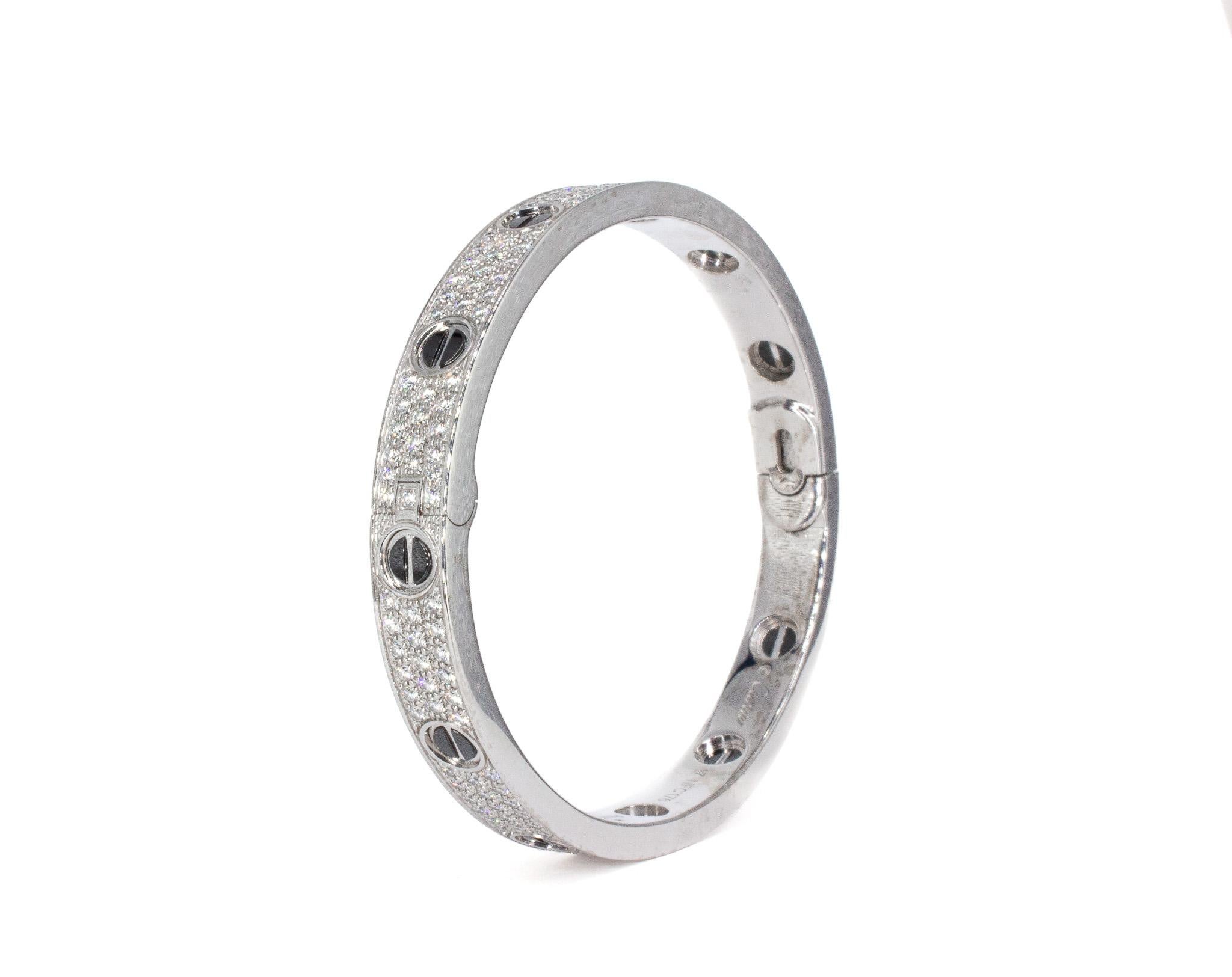 Round Cut Cartier Signed 18K White Gold Diamond and Ceramic Love Bracelet, Classic Model