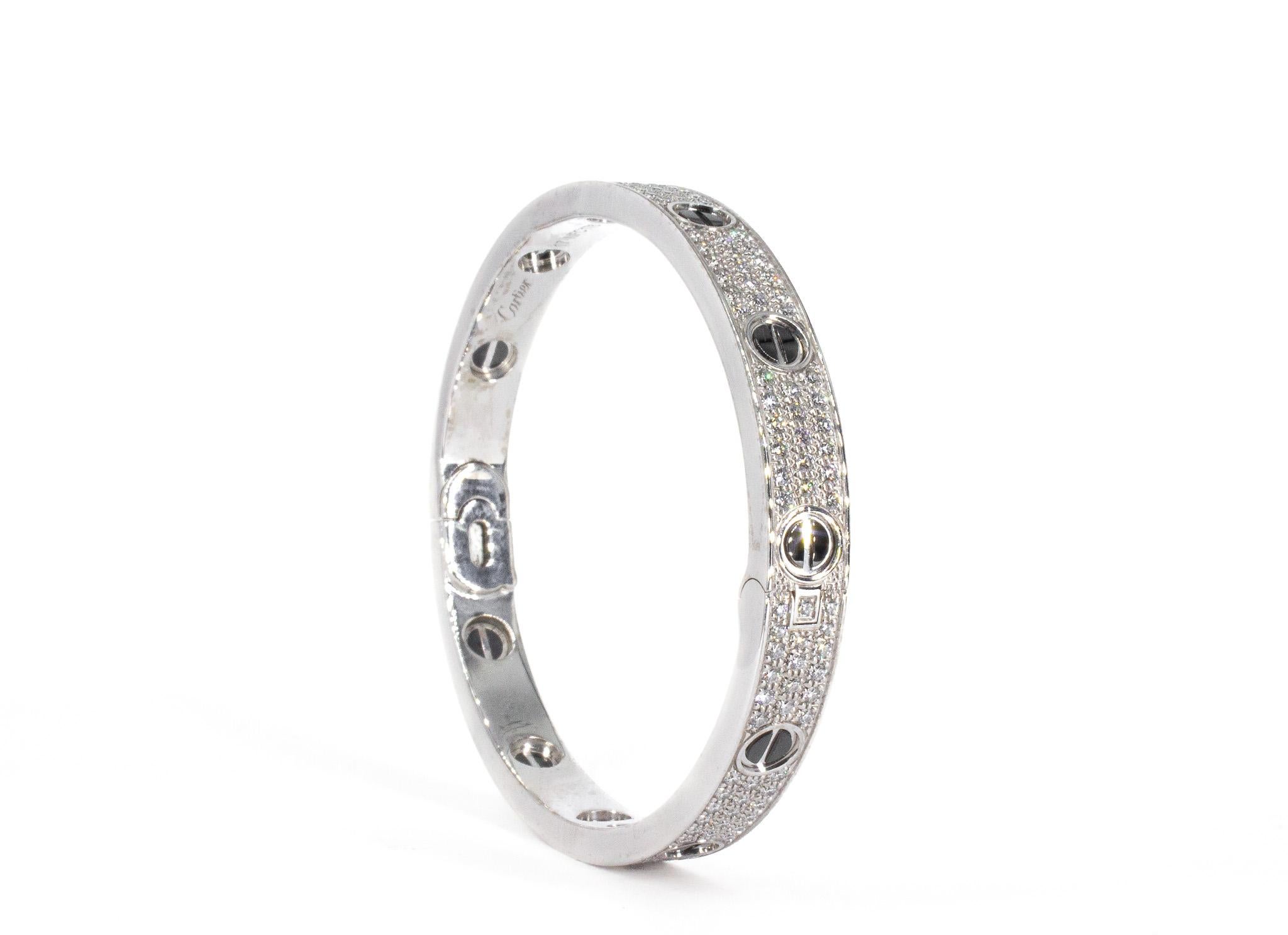 Cartier Signed 18K White Gold Diamond and Ceramic Love Bracelet, Classic Model In New Condition In New York, NY