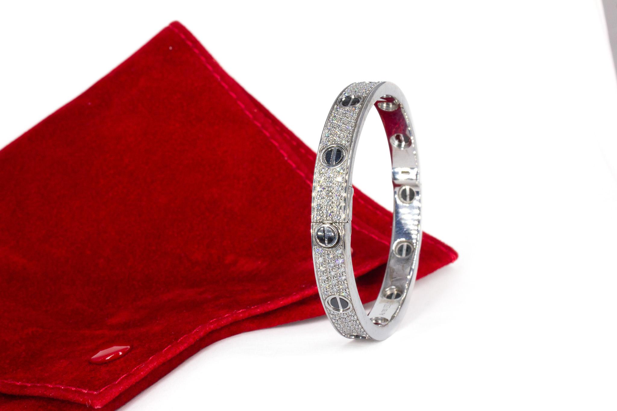 Women's or Men's Cartier Signed 18K White Gold Diamond and Ceramic Love Bracelet, Classic Model
