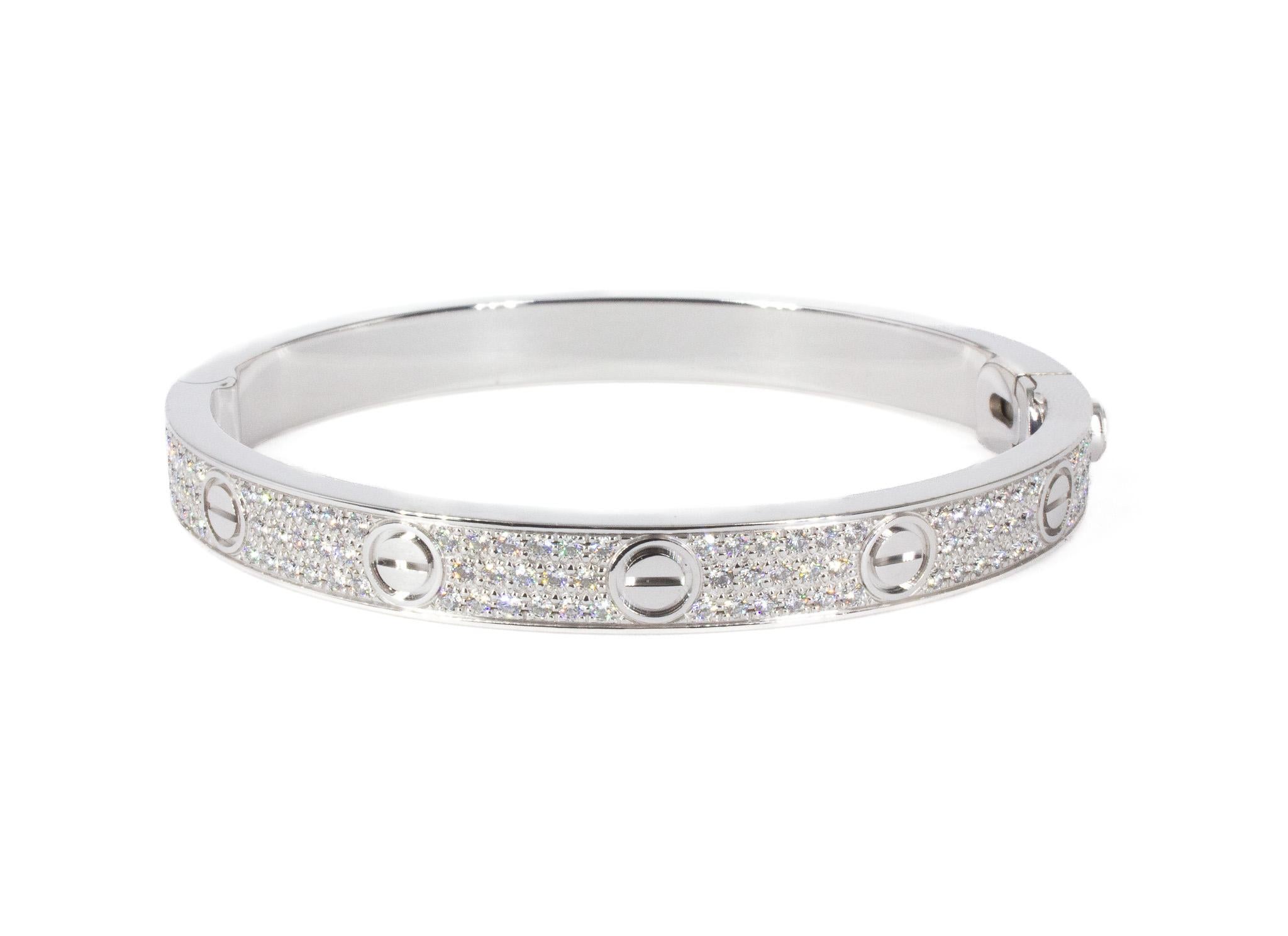 Contemporary Cartier Signed 18K White Gold Paved Diamond Love Bracelet, Classic Model