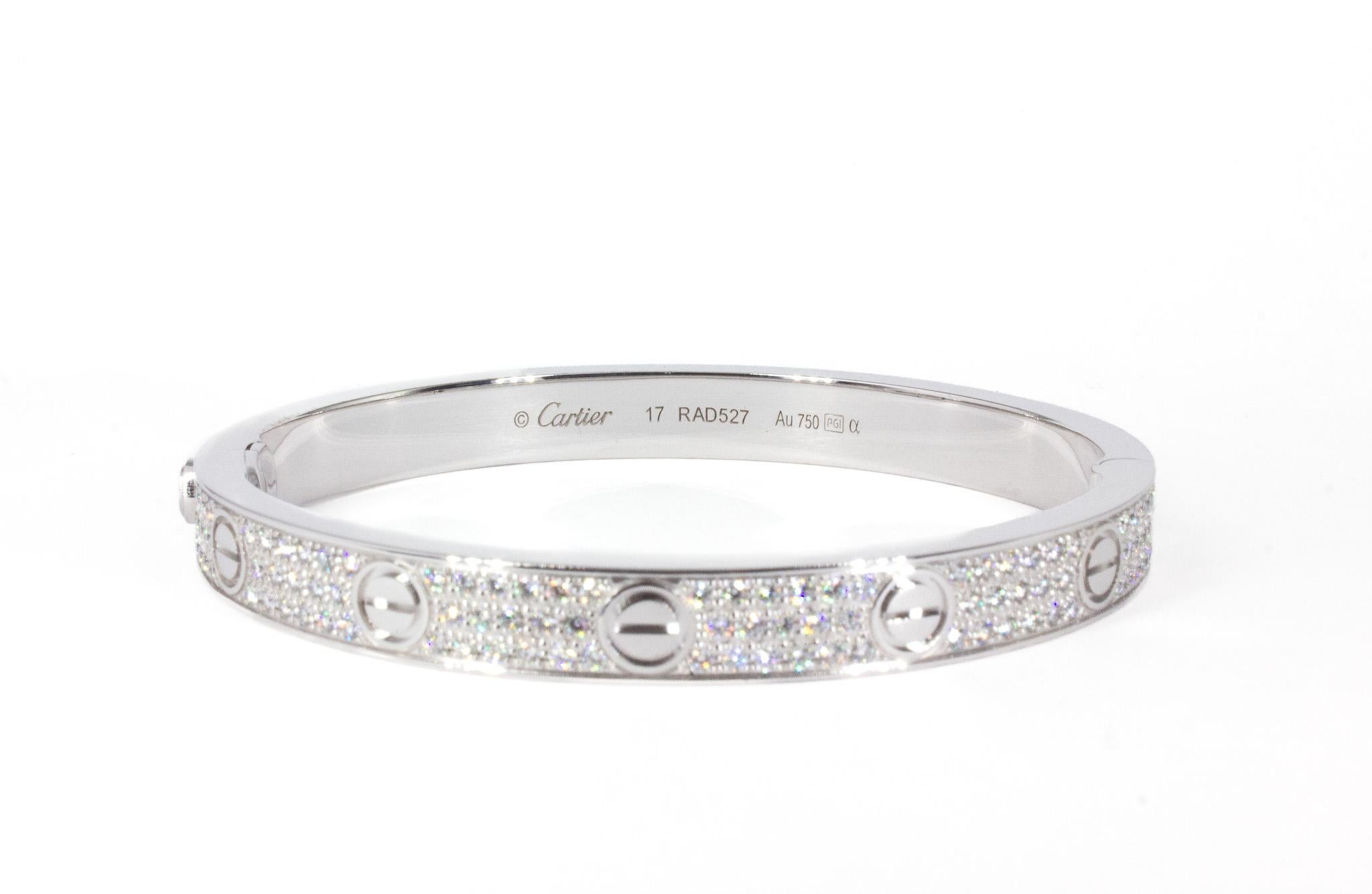 Round Cut Cartier Signed 18K White Gold Paved Diamond Love Bracelet, Classic Model