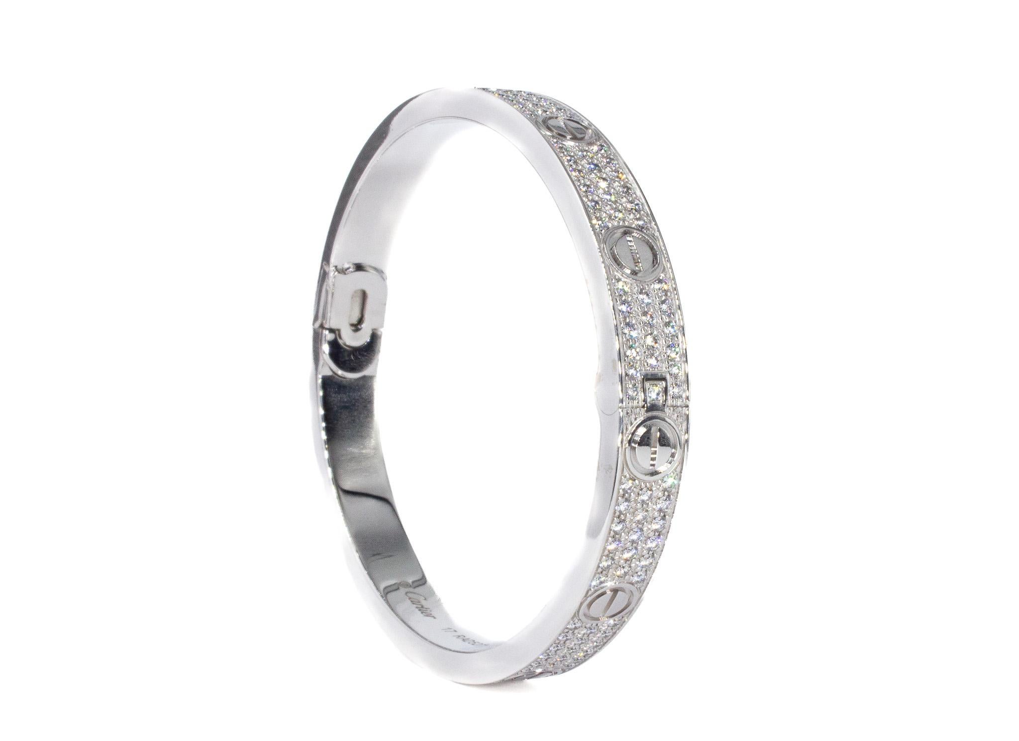 Cartier Signed 18K White Gold Paved Diamond Love Bracelet, Classic Model In New Condition In New York, NY