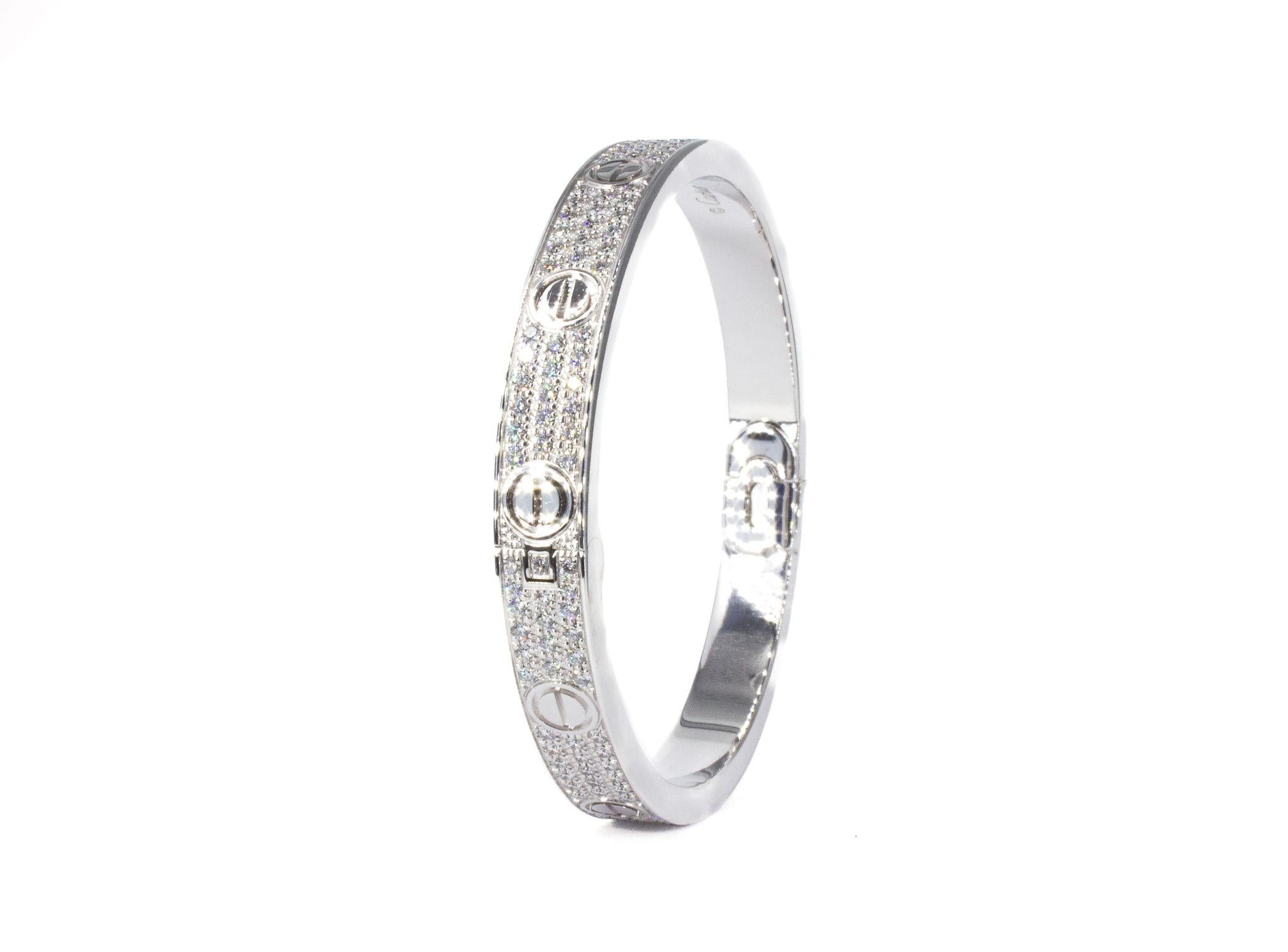 Women's or Men's Cartier Signed 18K White Gold Paved Diamond Love Bracelet, Classic Model