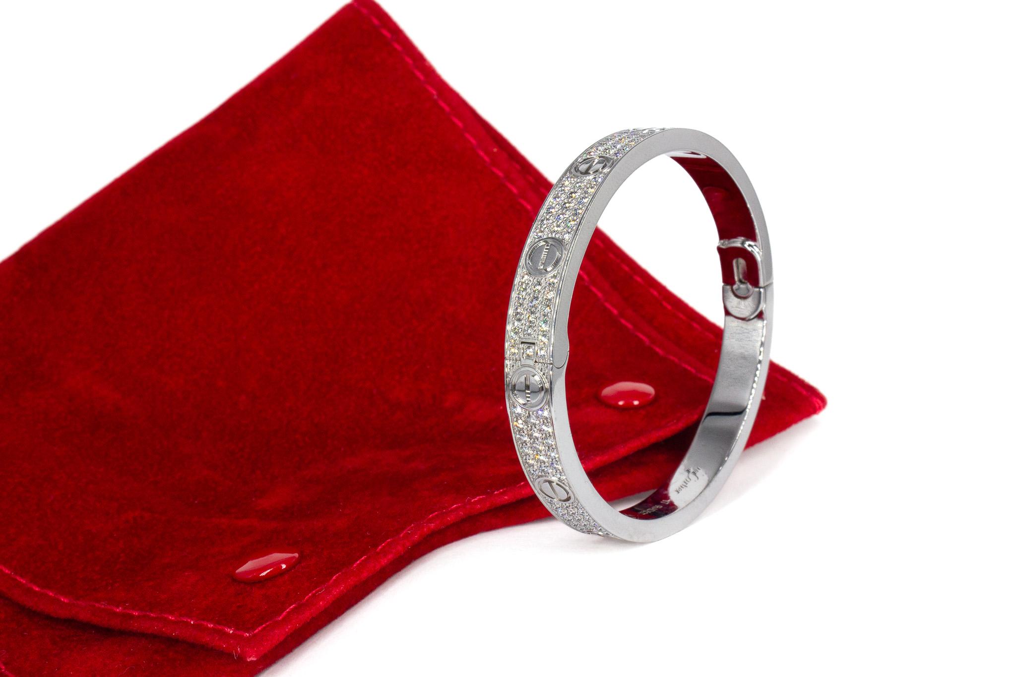 Cartier Signed 18K White Gold Paved Diamond Love Bracelet, Classic Model 1