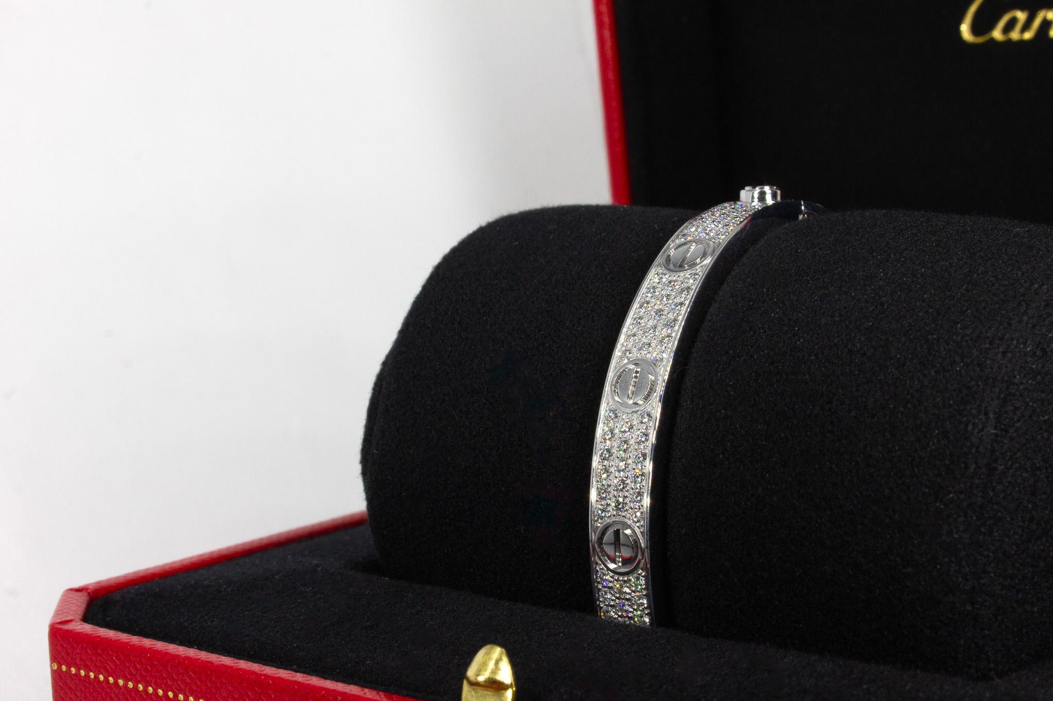 Cartier Signed 18K White Gold Paved Diamond Love Bracelet, Classic Model 2