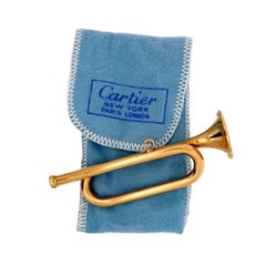 Cartier Signed Gold Plated Sterling Silver Bugle Trumpet Horn Pendant Charm