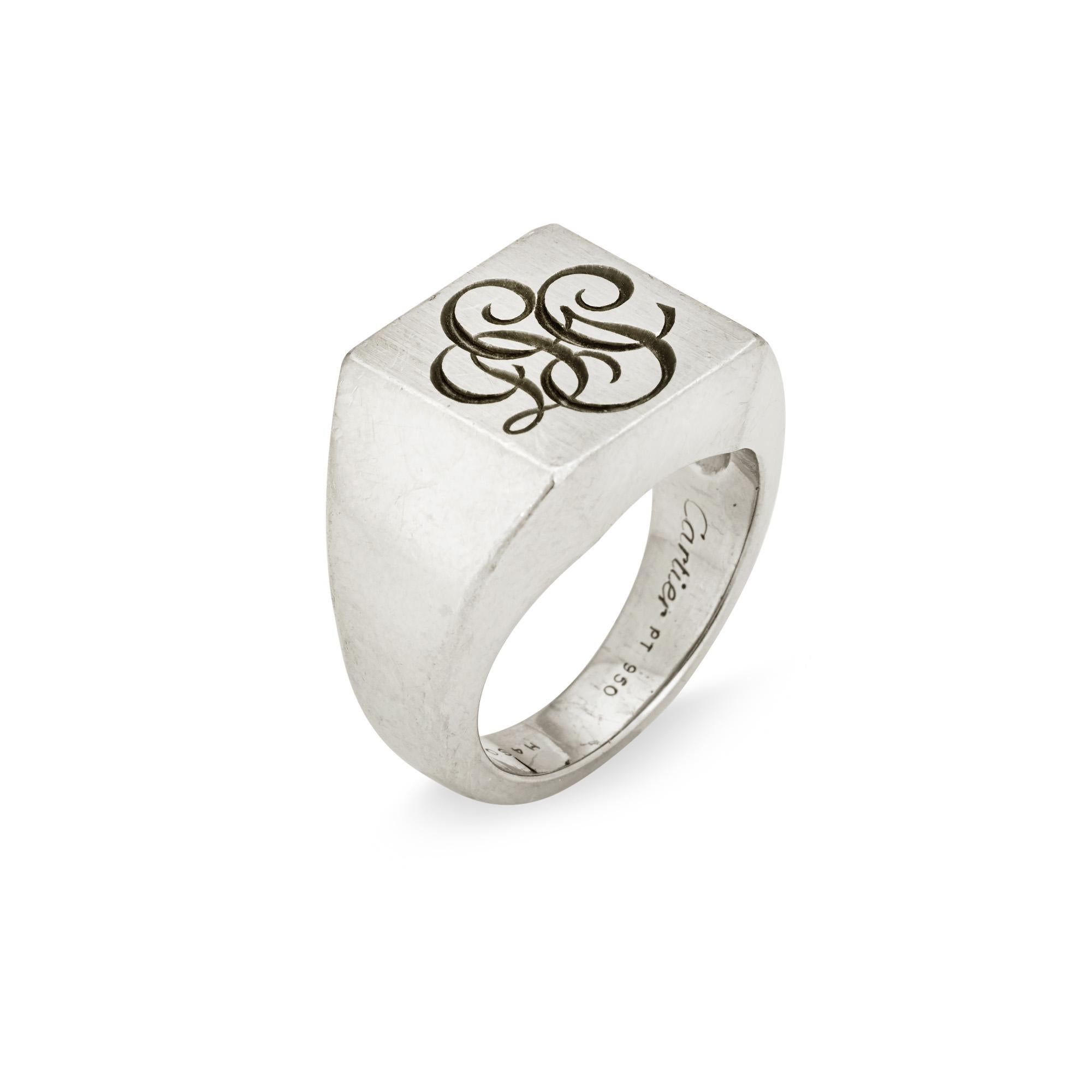 Finely detailed vintage Cartier signet ring crafted in 950 platinum. 

The vintage signet ring is engraved with the initials 