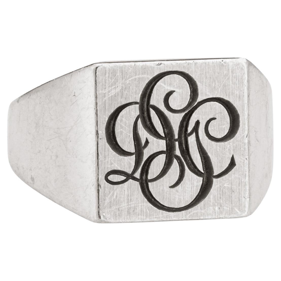 Cartier Signet Ring Initial Vintage Platinum Sz 6.75 Square Heavy Band Jewelry For Sale