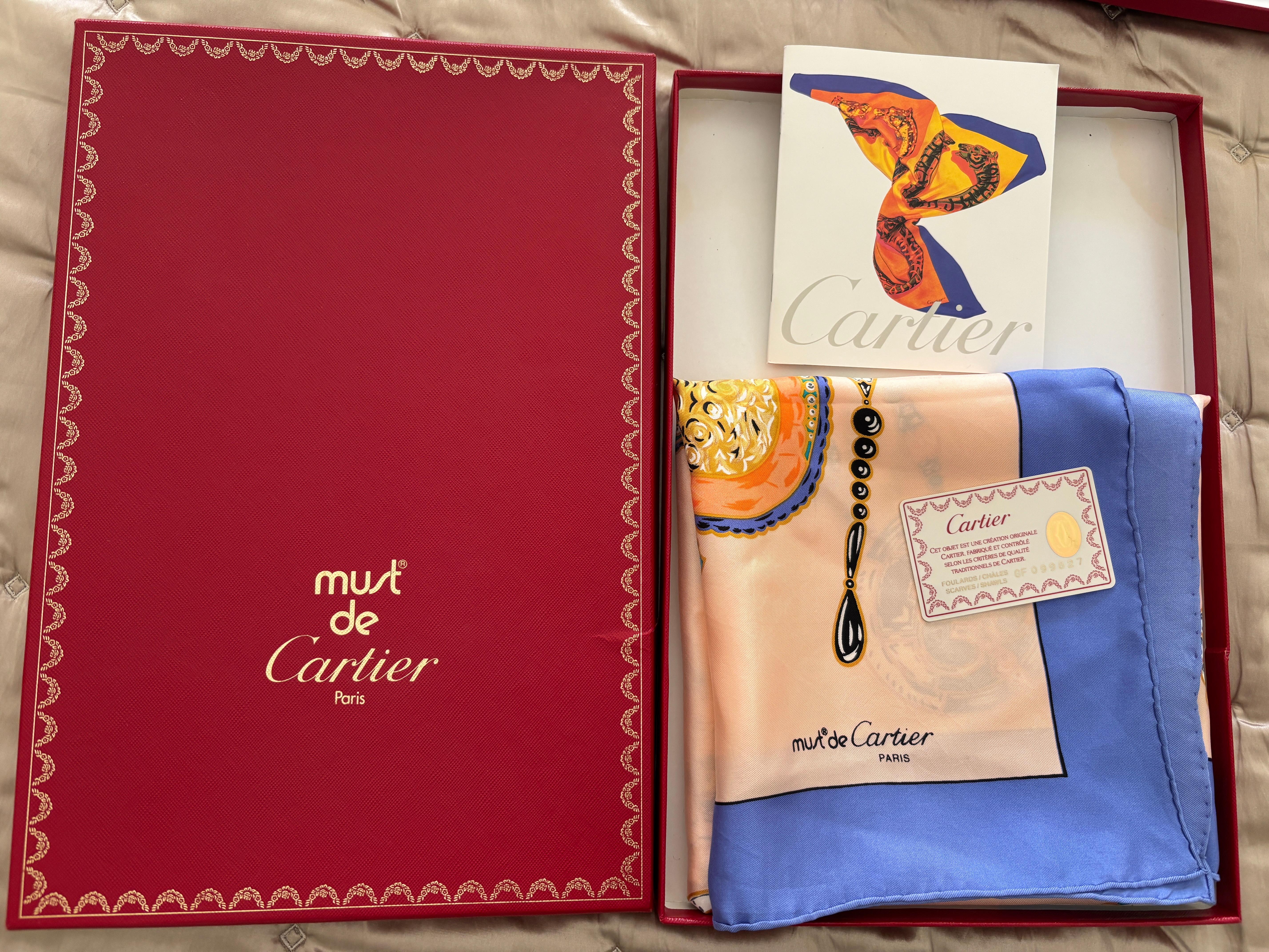 CARTIER Silk Scarf Blue and Salmon Precious Jewels New in Box Paris France For Sale 11