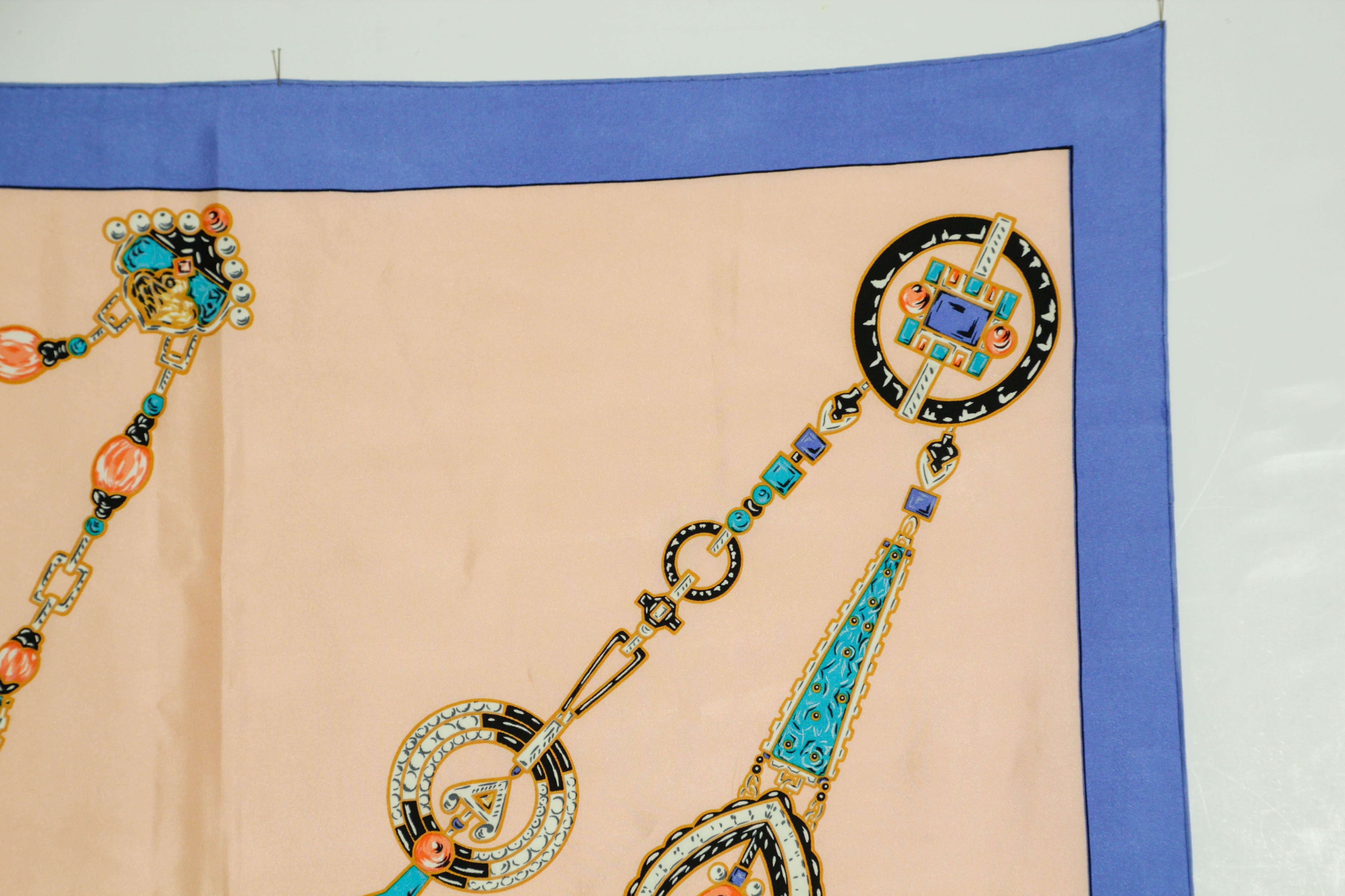 Orange CARTIER Silk Scarf Blue and Salmon Precious Jewels New in Box Paris France For Sale