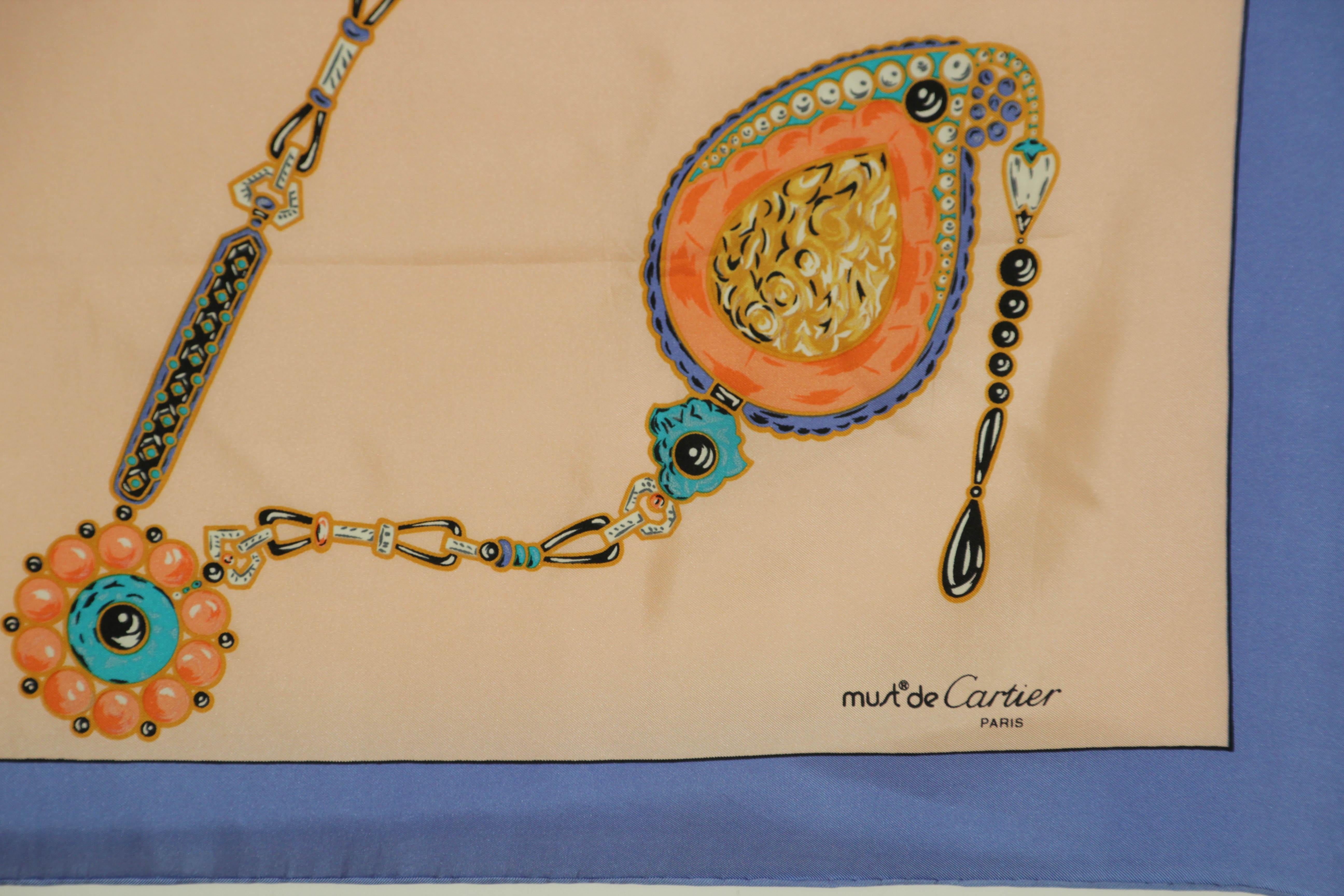 CARTIER Silk Scarf Blue and Salmon Precious Jewels New in Box Paris France For Sale 2