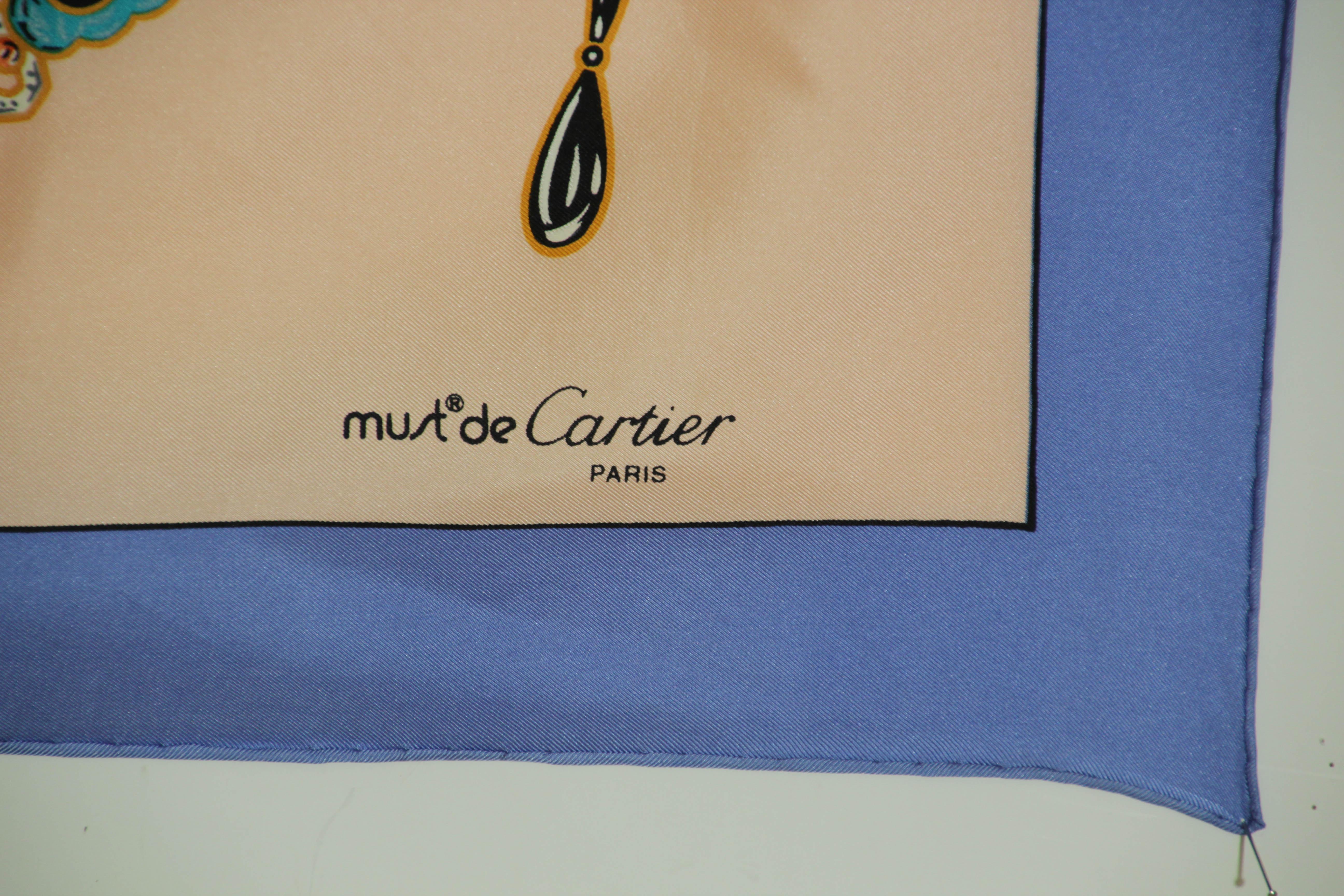 CARTIER Silk Scarf Blue and Salmon Precious Jewels New in Box Paris France For Sale 3