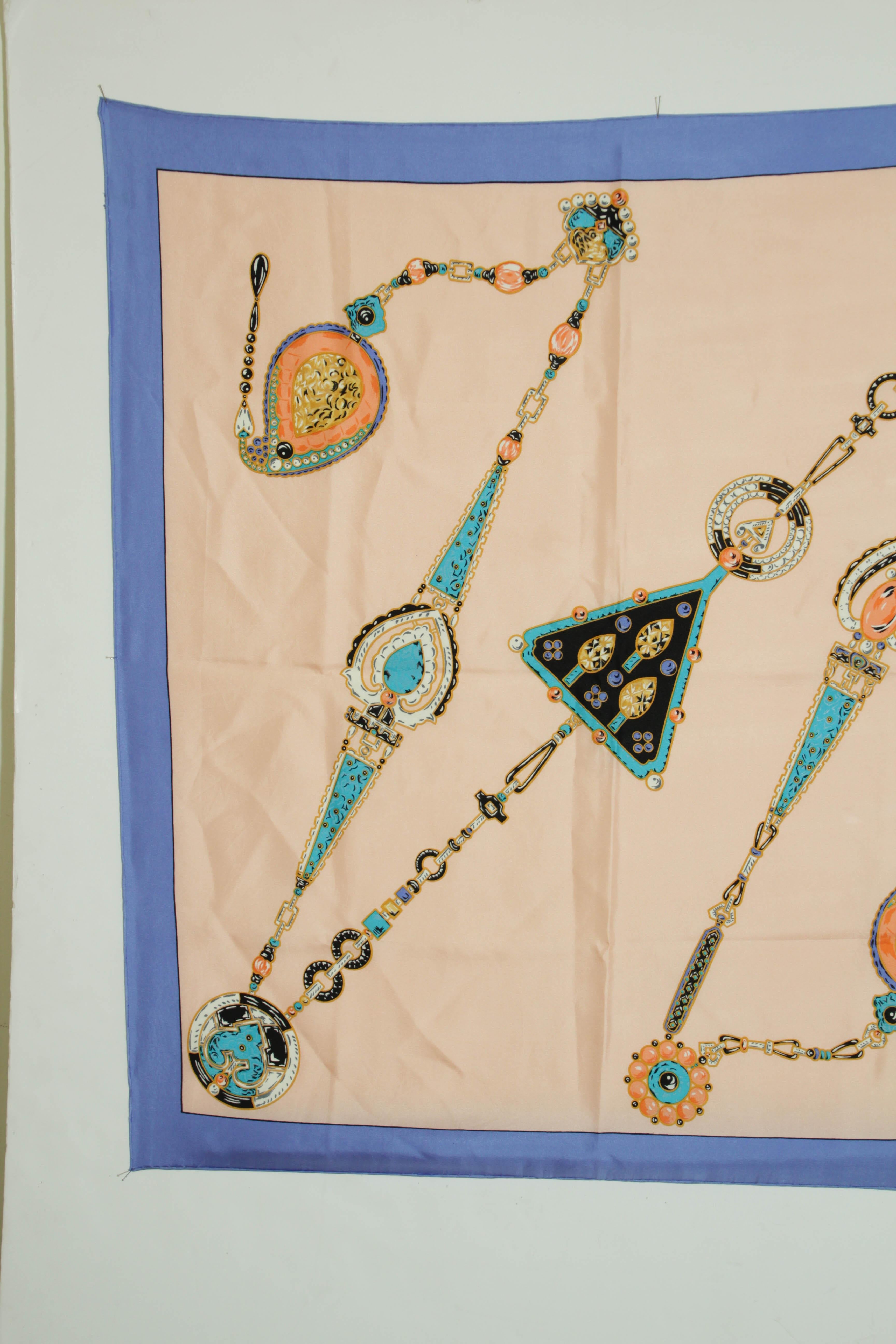 CARTIER Silk Scarf Blue and Salmon Precious Jewels New in Box Paris France For Sale 4