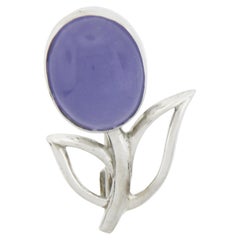 Cartier Silver 11.4x9.6mm Cabochon Bezel Set Lavender Jade Flower Pin Brooch