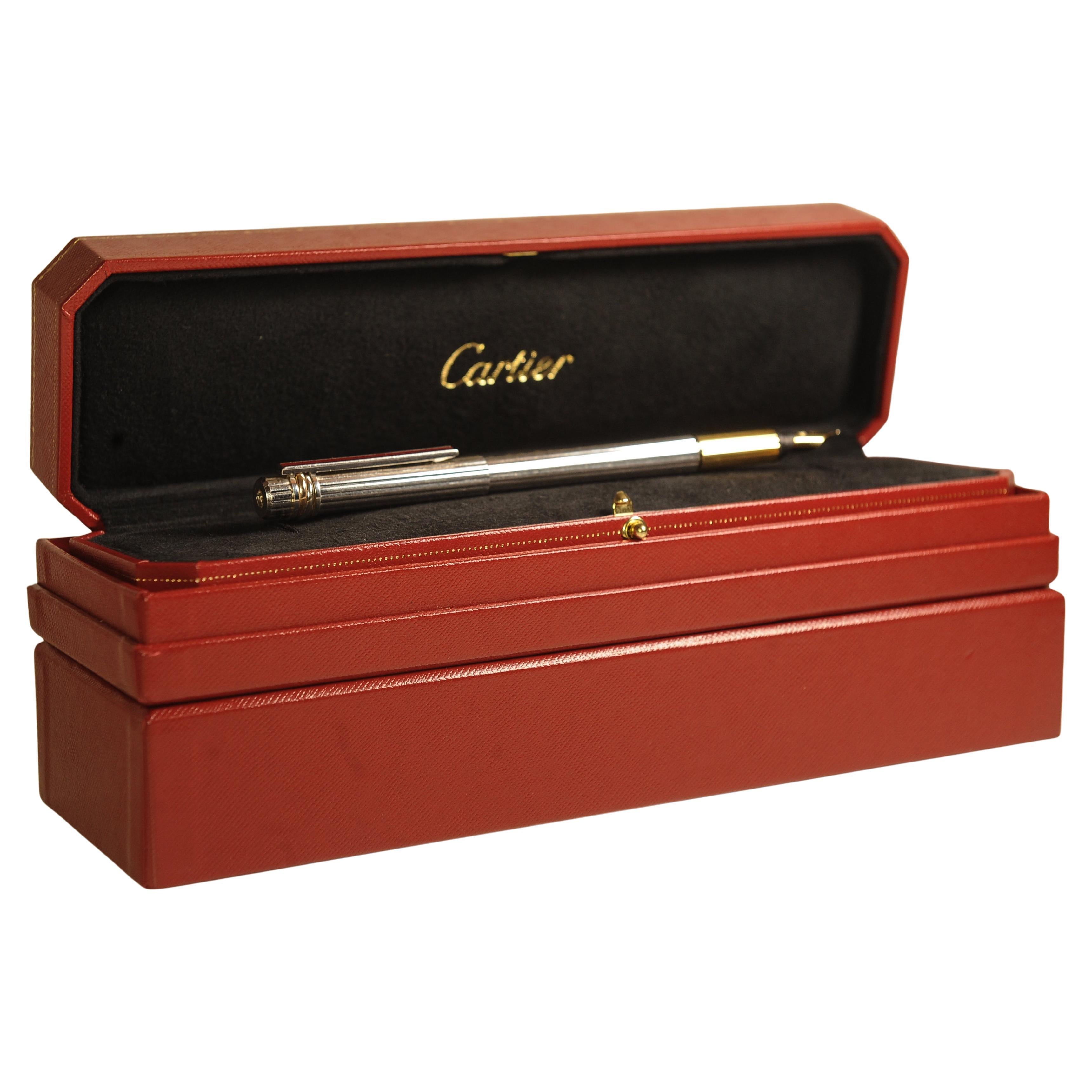 Cartier 18 Karat Gold Nib & versilberter Trinity-Brunnenstift mit roter Cartier-Box (Vergoldung) im Angebot