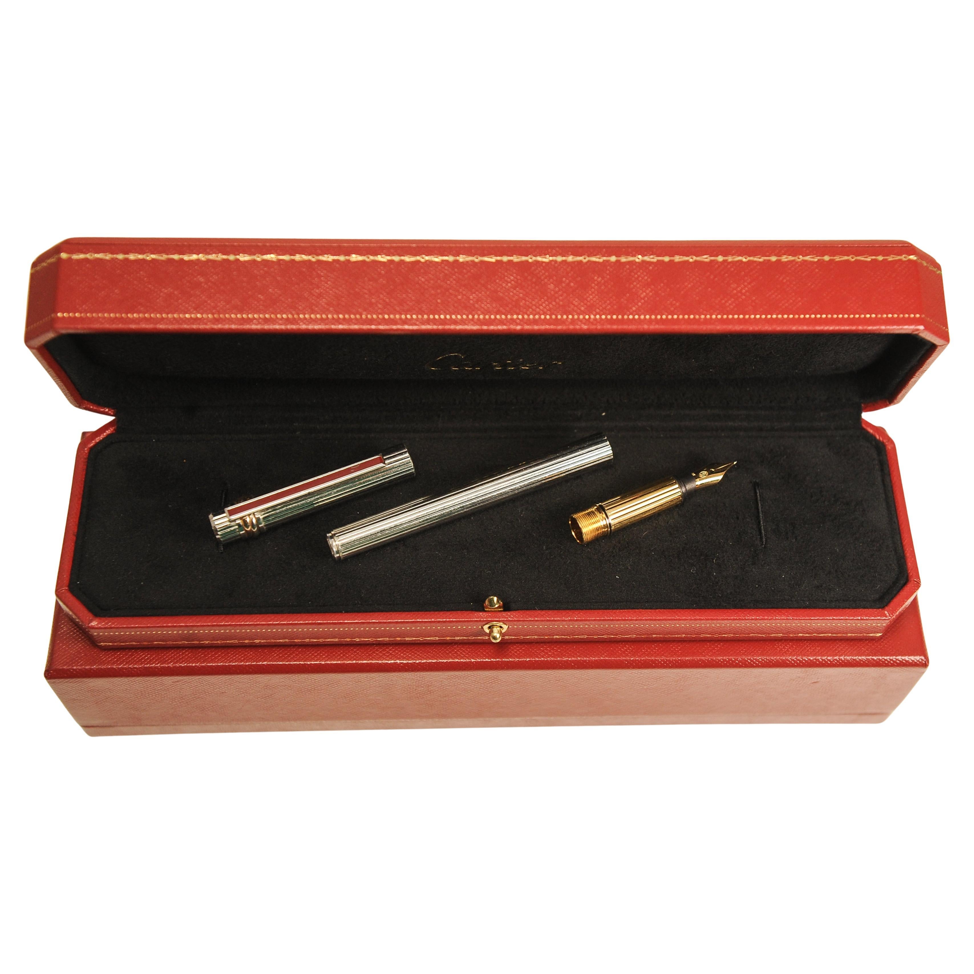 Cartier 18 Karat Gold Nib & versilberter Trinity-Brunnenstift mit roter Cartier-Box im Angebot 1