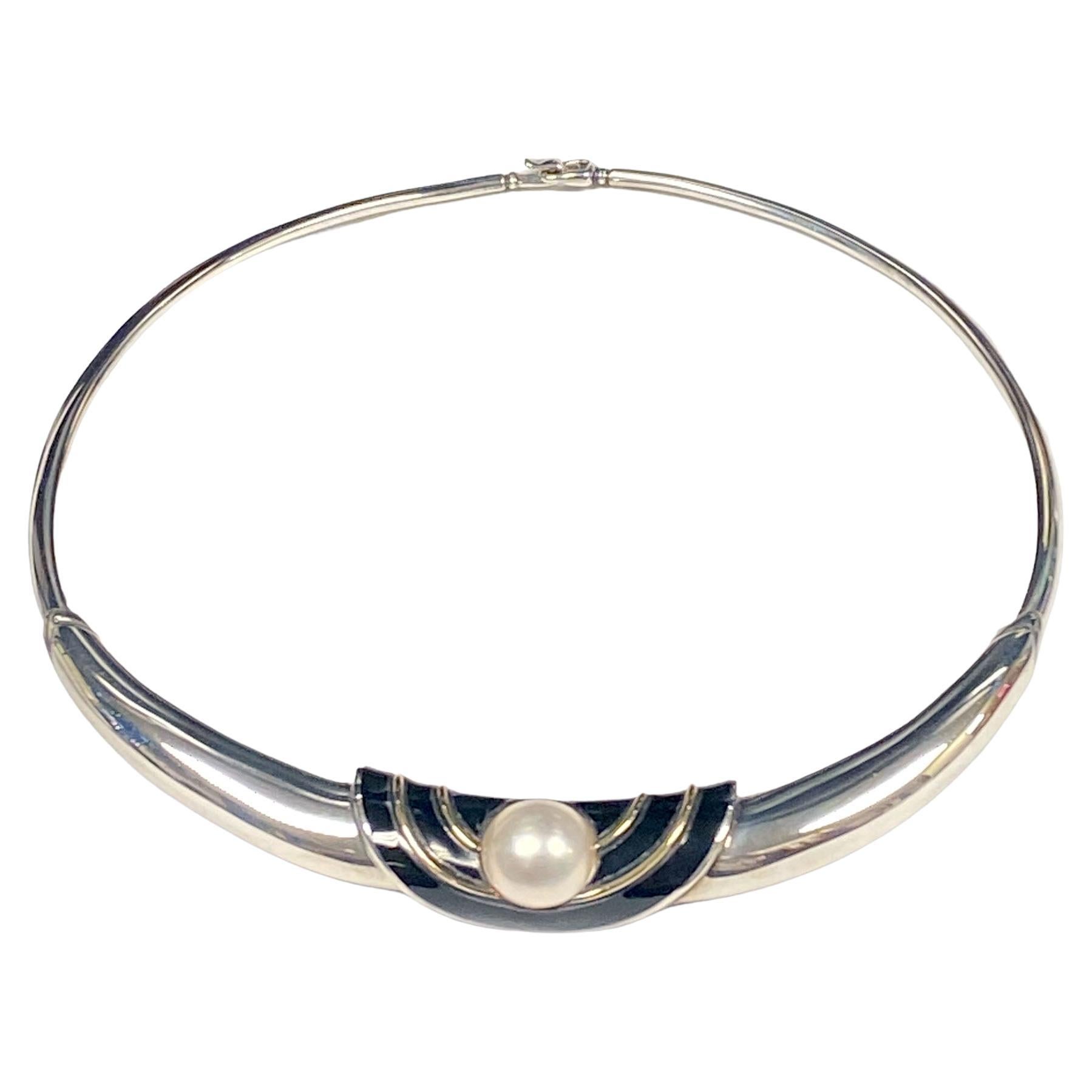 Cartier Silver 18k Enamel and Pearl Collar Necklace