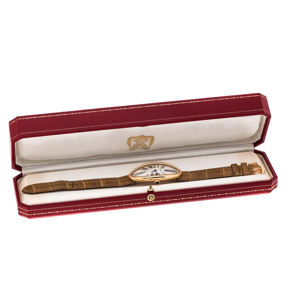Cartier Silver 18K Rose Gold Baignoire Allongee 2515 Women's Wristwatch 21 mm In Good Condition In Dubai, Al Qouz 2
