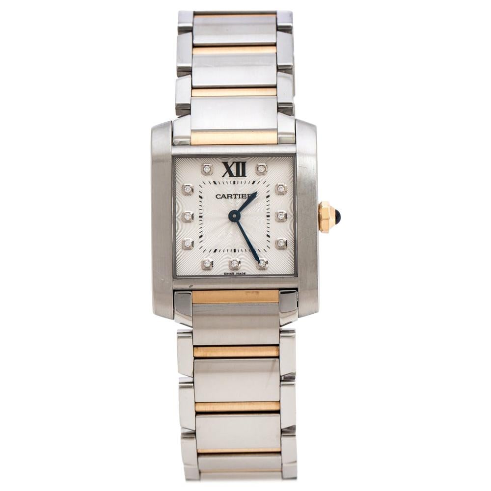 Cartier Silver 18K Rose Gold Diamond Tank Francaise 3751 Women's Wristwatch 25mm