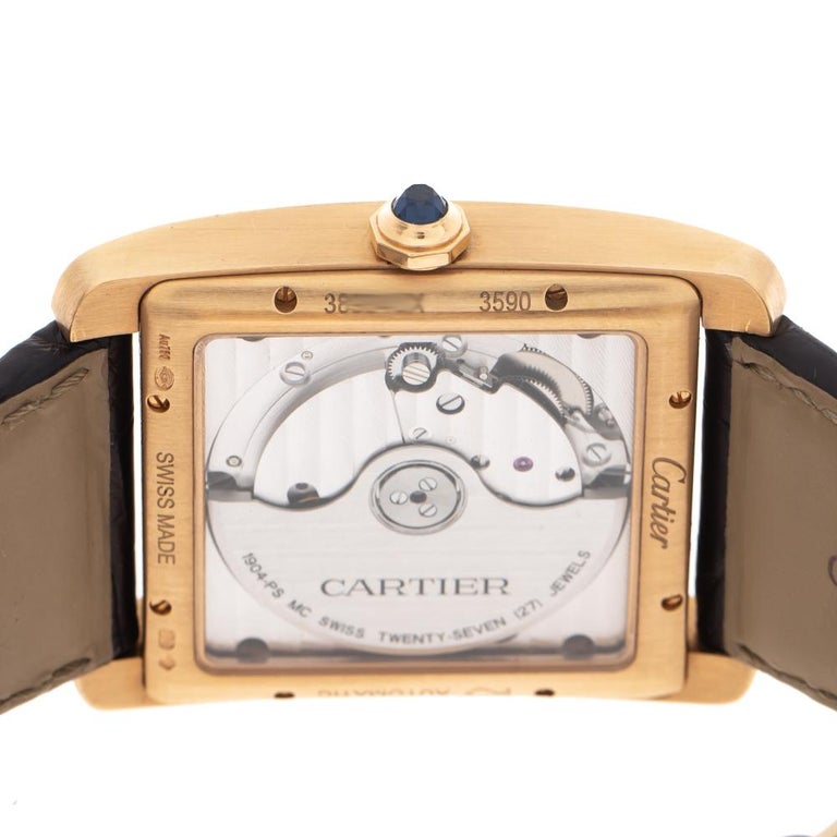 Cartier Silver 18K Rose Gold Leather Tank MC 3590 Men's Wristwatch 34 mm  For Sale at 1stDibs