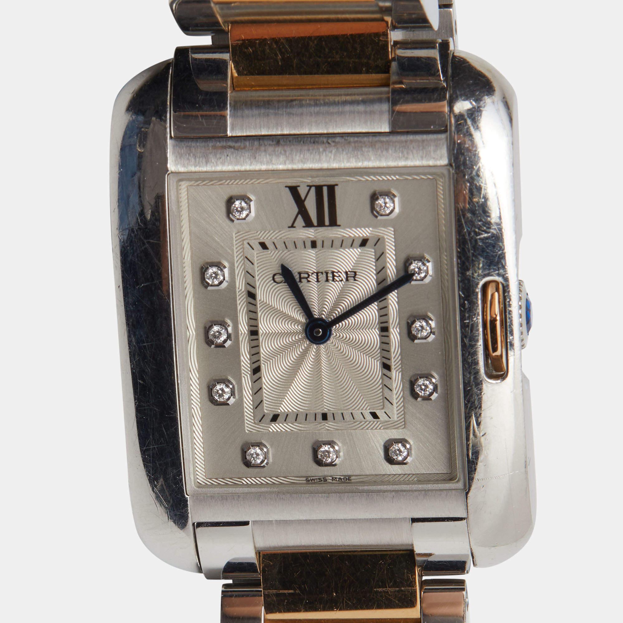 Cartier Silver 18K Rose Gold Stainless Steel Diamond Tank Anglaise Women's 6