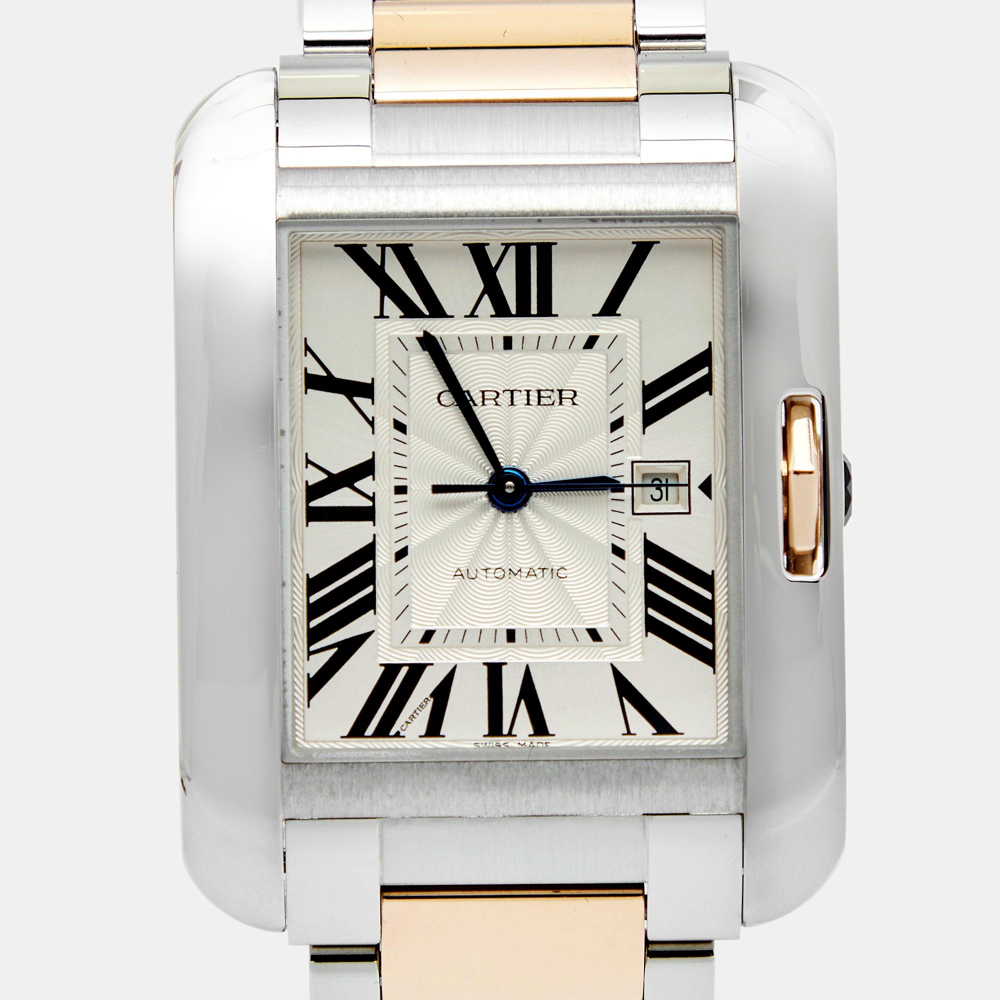This Cartier timepiece is a must-have creation for watch enthusiasts! Made using 18k rose gold and stainless steel, this Tank Anglaise watch has a silver dial with Roman numeral hour markers, a date window, and three steel hands in a blue hue.