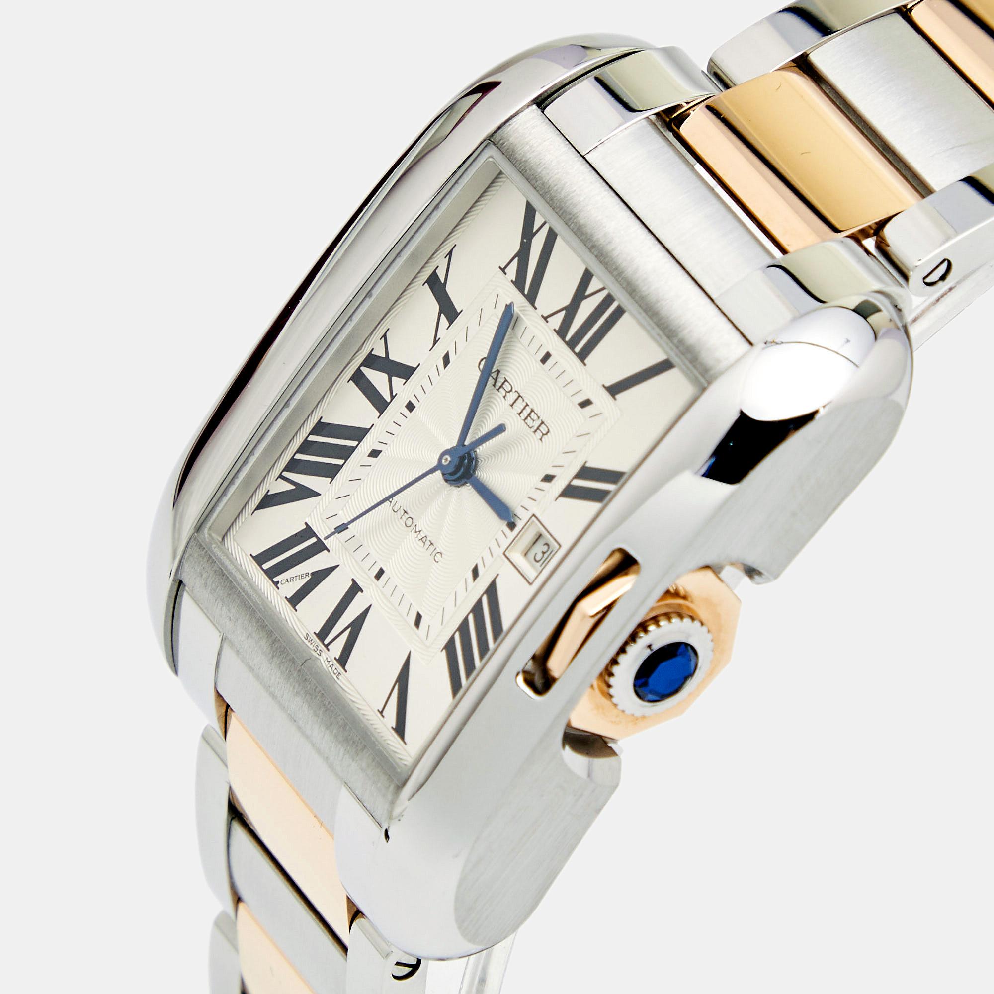Contemporary Cartier Silver 18K Rose Gold Tank Anglaise W5310007 Unisex Wristwatch 29 mm
