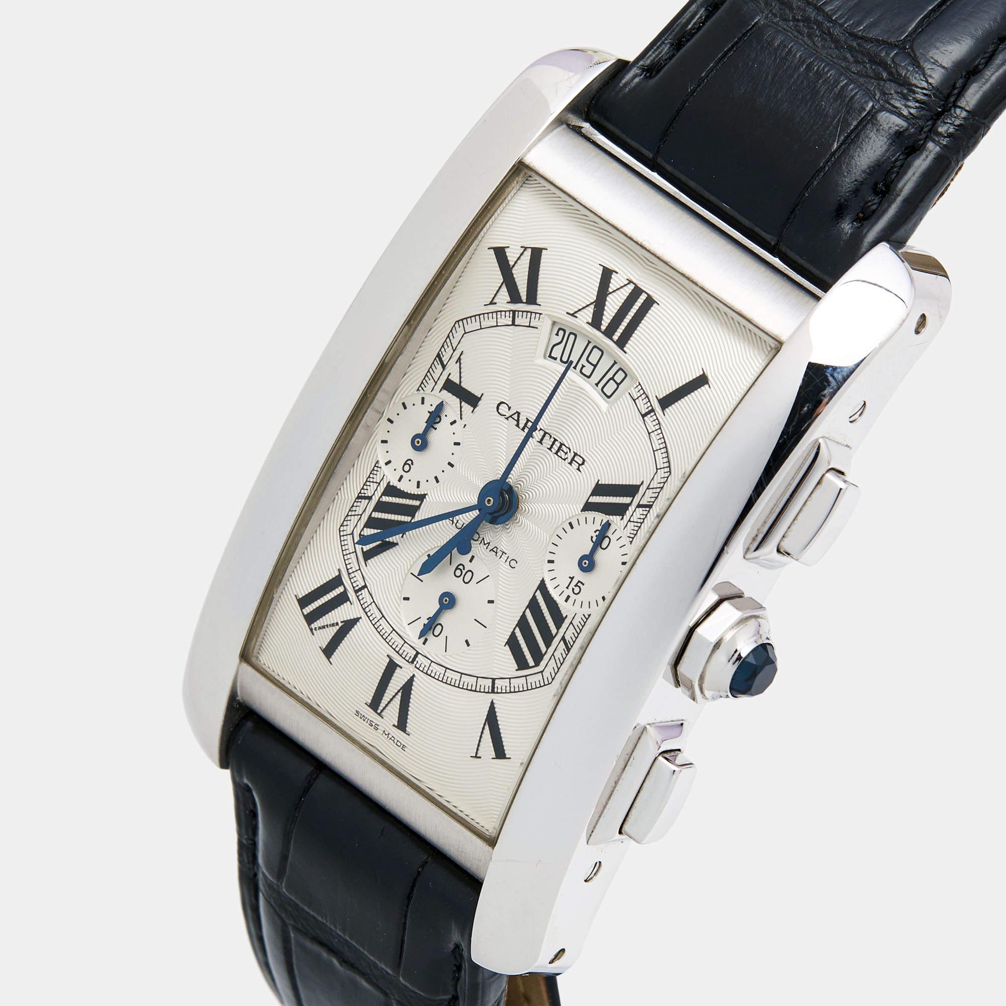 Elevate your wrist game with an authentic Cartier Tank Americaine timepiece. It has an iconic design, the best of watch craftsmanship, and the use of 18k white gold with a leather bracelet to offer the wearer luxury and elegance.

