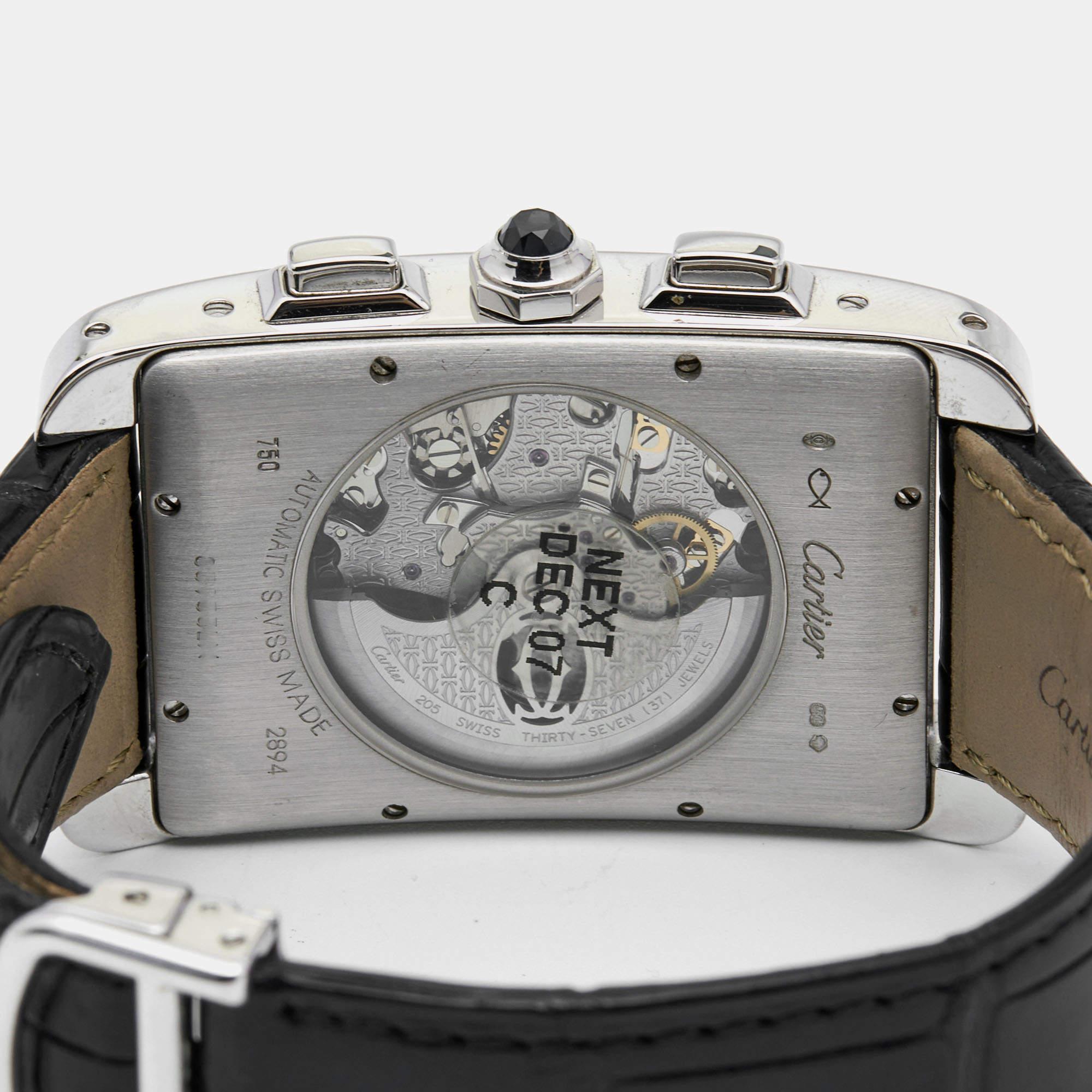 Men's Cartier Silver 18k White Gold Alligator Tank Americaine W2609456 Men Wristwatch 